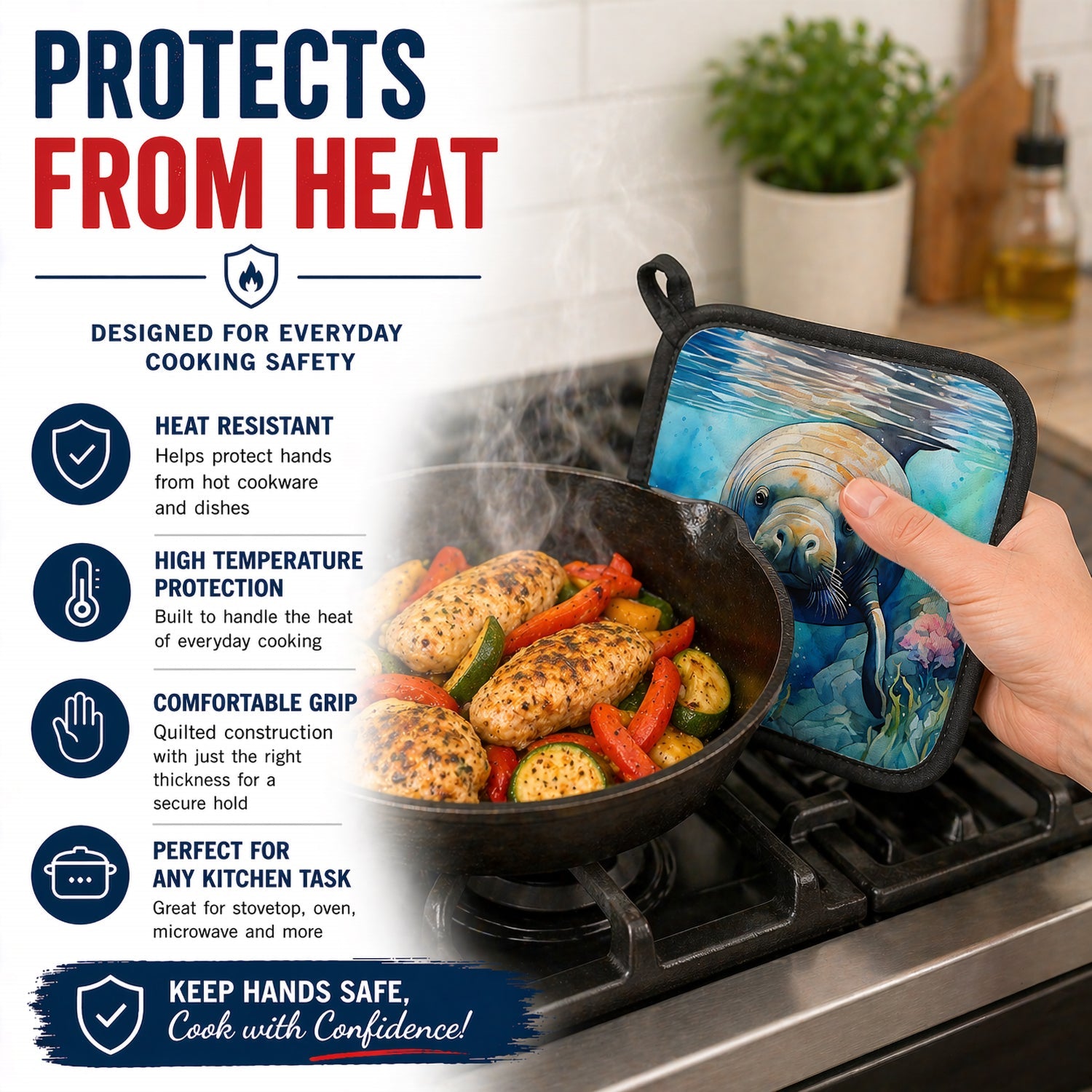 Manatee Pot Holder Set of 2 Heat Resistant Quilted Hot Pads 7.5 x 7.5 Inch, Insulated Kitchen Trivets for Cooking & Baking