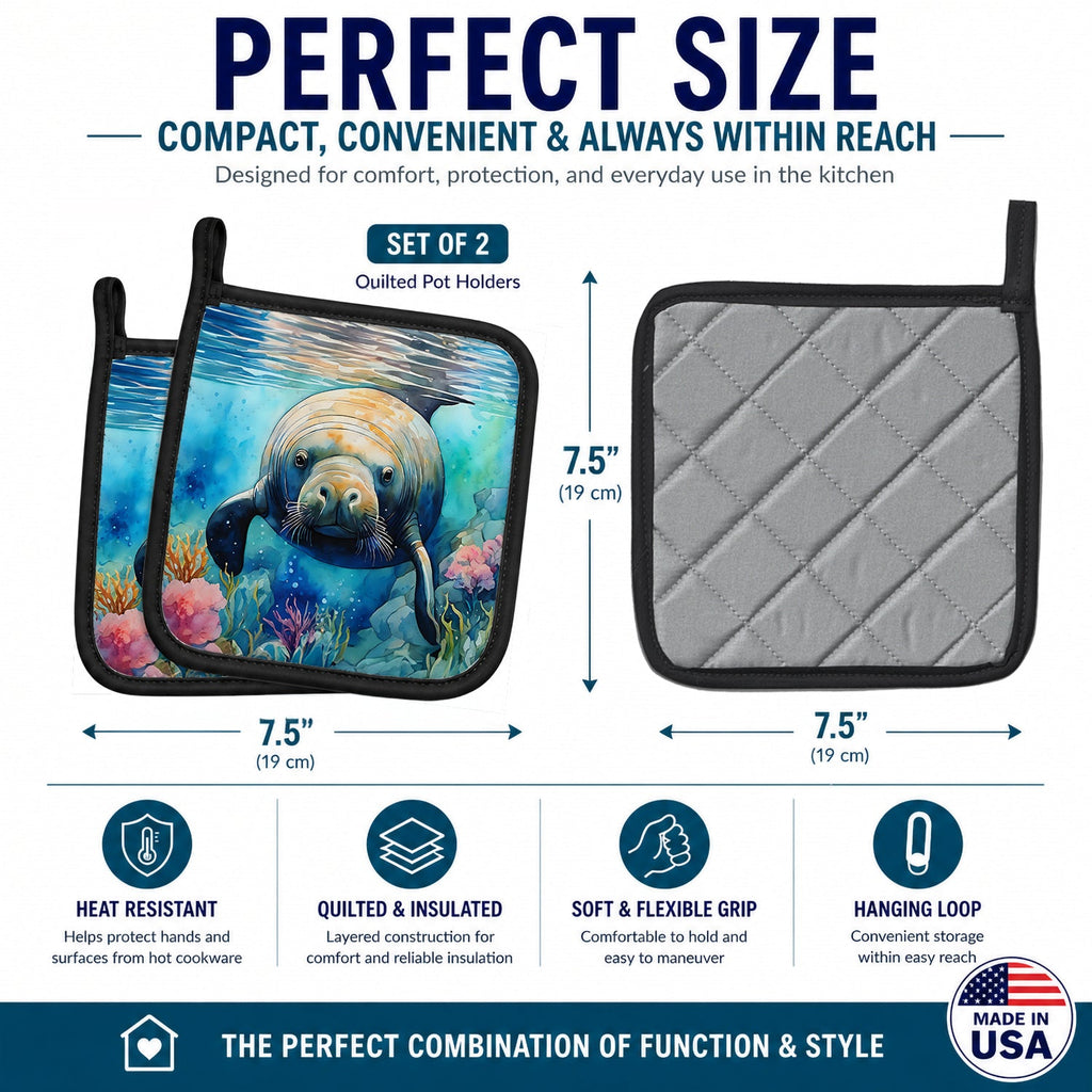 Manatee Pot Holder Set of 2 Heat Resistant Quilted Hot Pads 7.5 x 7.5 Inch, Insulated Kitchen Trivets for Cooking & Baking