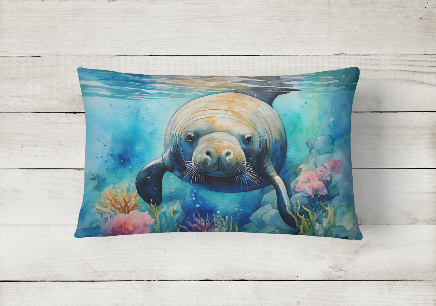 Manatee Decorative Throw Pillow 12x16 Indoor Outdoor Accent Cushion, Fabric Cover with Insert for Sofa, Bed, Porch & Living Room