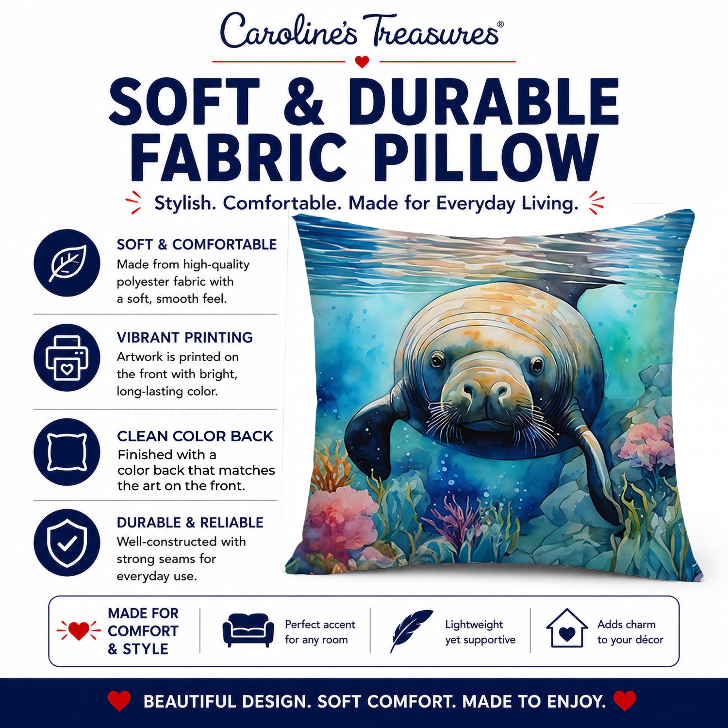 Manatee Decorative Throw Pillow 14x14 Indoor Outdoor Accent Cushion, Fabric Cover with Insert for Sofa, Bed, Porch & Living Room