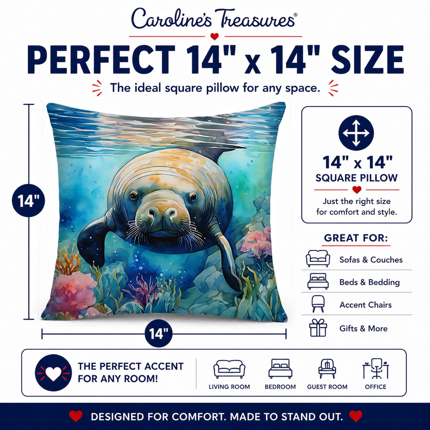 Manatee Decorative Throw Pillow 14x14 Indoor Outdoor Accent Cushion, Fabric Cover with Insert for Sofa, Bed, Porch & Living Room