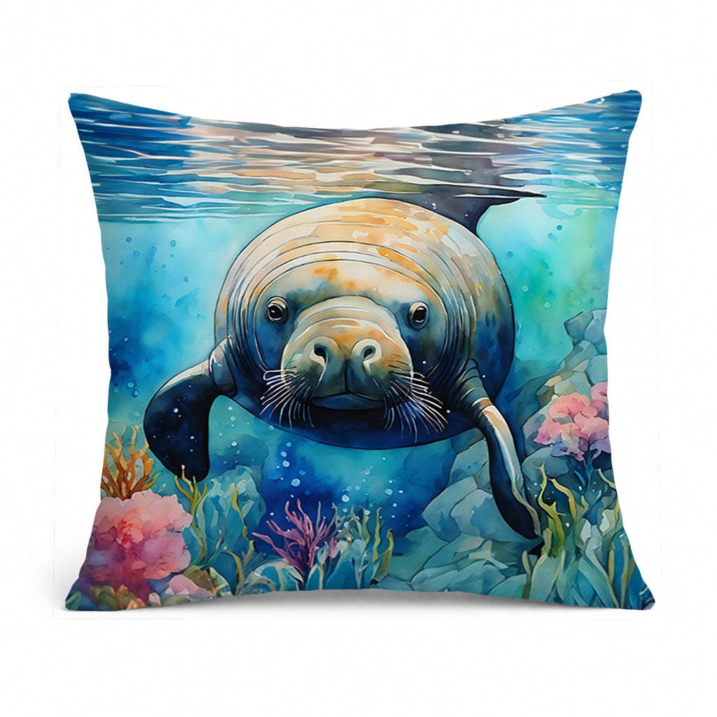 Manatee Decorative Throw Pillow 14x14 Indoor Outdoor Accent Cushion, Fabric Cover with Insert for Sofa, Bed, Porch & Living Room
