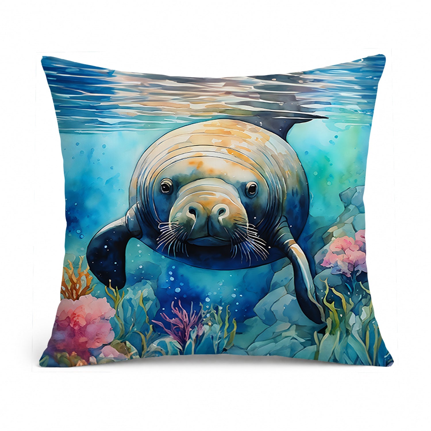 Manatee Decorative Throw Pillow 14x14 Indoor Outdoor Accent Cushion, Fabric Cover with Insert for Sofa, Bed, Porch & Living Room