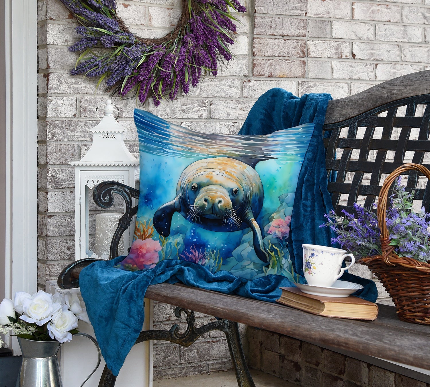 Manatee Decorative Throw Pillow 18x18 Indoor Outdoor Accent Cushion, Fabric Cover with Insert for Sofa, Bed, Porch & Living Room