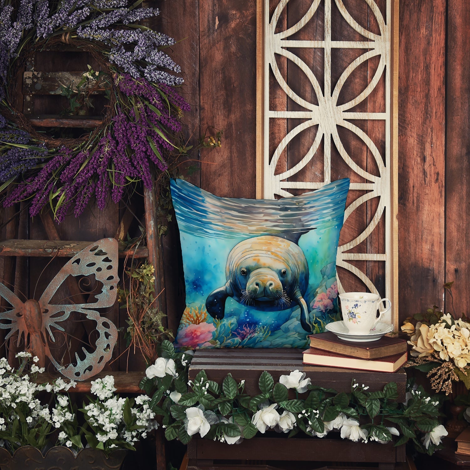 Manatee Decorative Throw Pillow 18x18 Indoor Outdoor Accent Cushion, Fabric Cover with Insert for Sofa, Bed, Porch & Living Room
