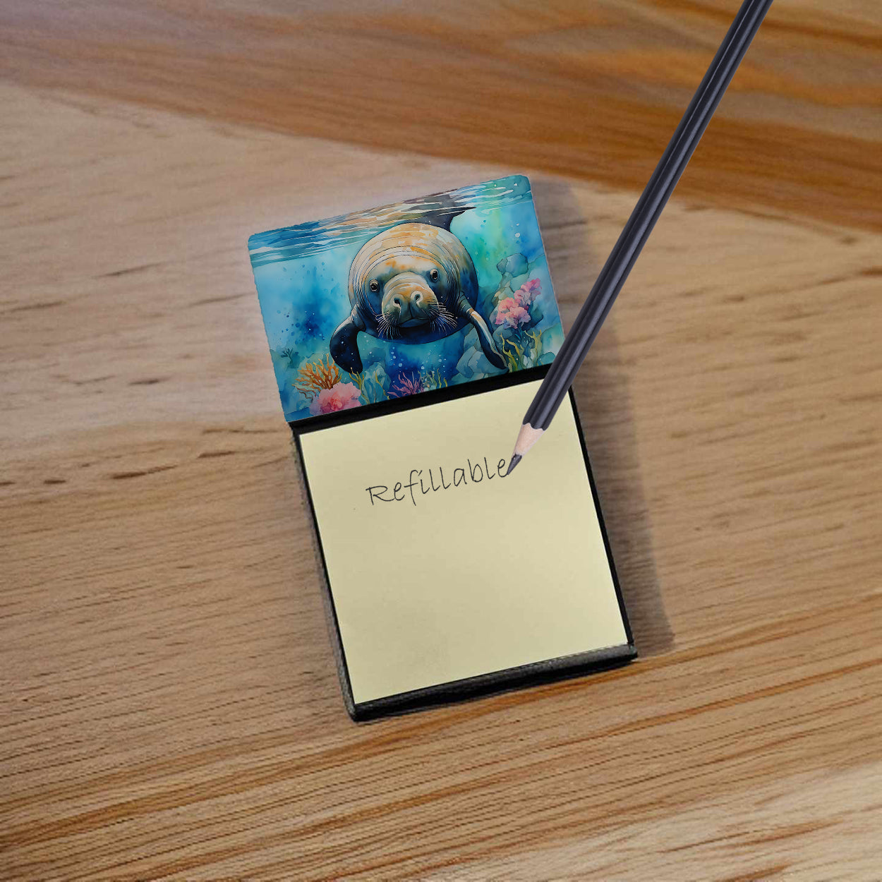Manatee Watercolor Sticky Note Holder Refillable Dispenser Desk Accessory 3x3 Pad Gift