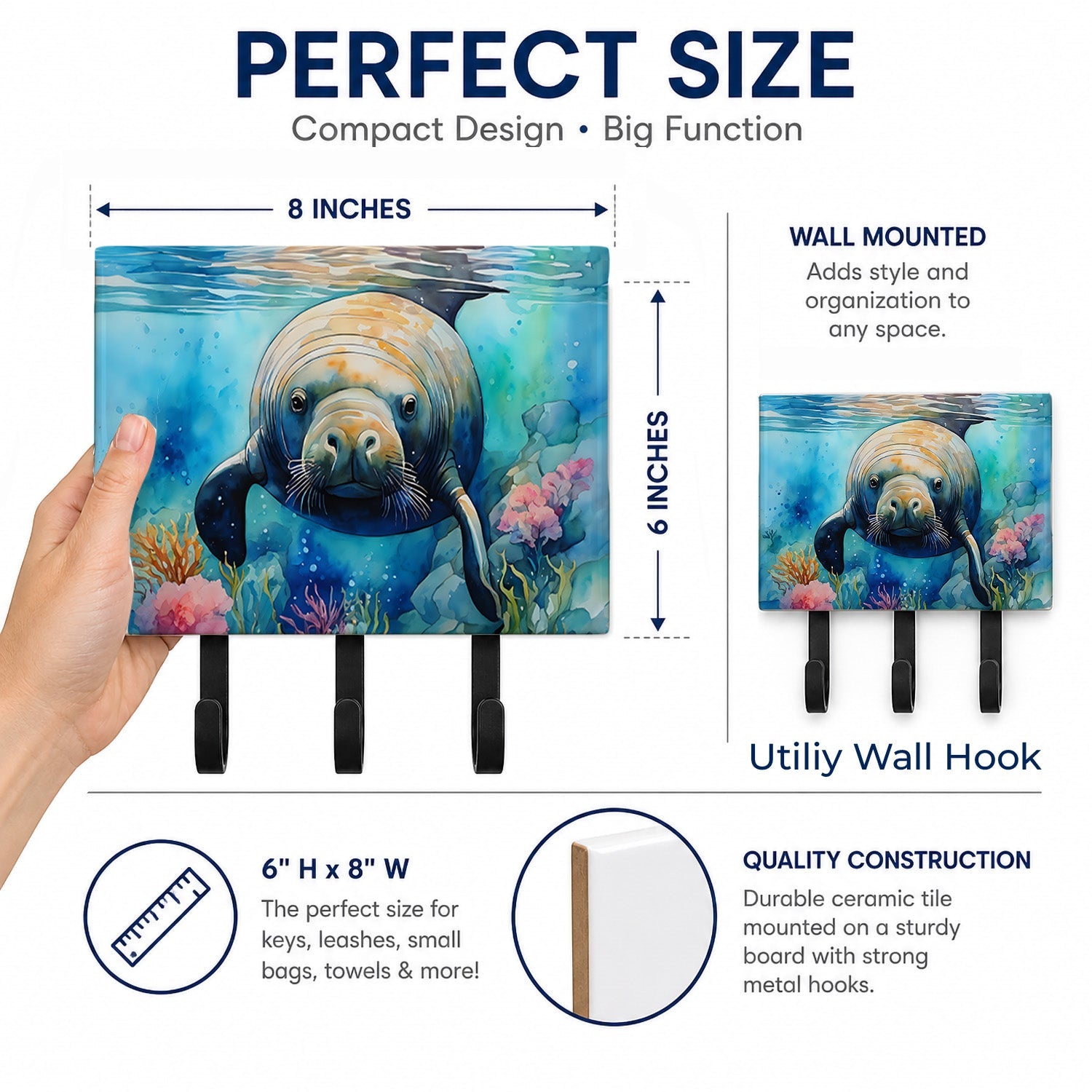 Manatee Leash or Key Holder Wall Hooks, Coat Rack Wall Mount, for Hanging Keys, Towels, Aprons, Leashes