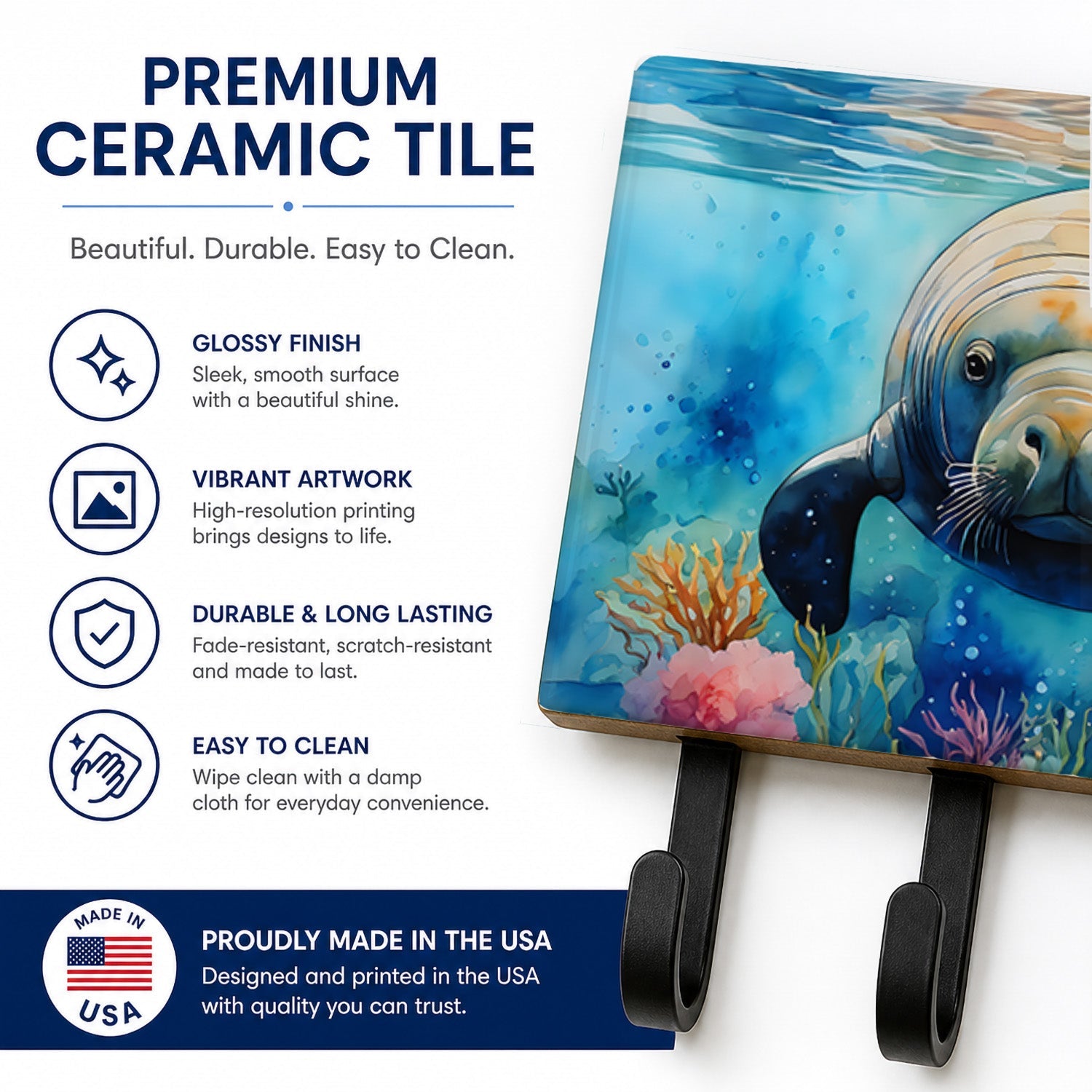Manatee Leash or Key Holder Wall Hooks, Coat Rack Wall Mount, for Hanging Keys, Towels, Aprons, Leashes