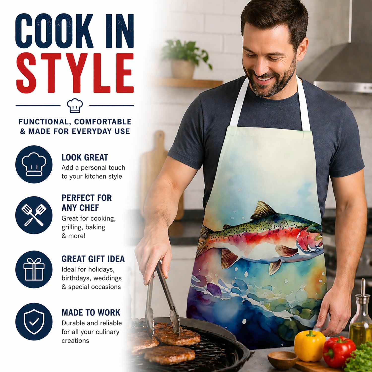 Rainbow Trout Apron Cooking Kitchen Server Baking Crafts Gardening for Adult Women Men, Unisex, Large, Multicolor