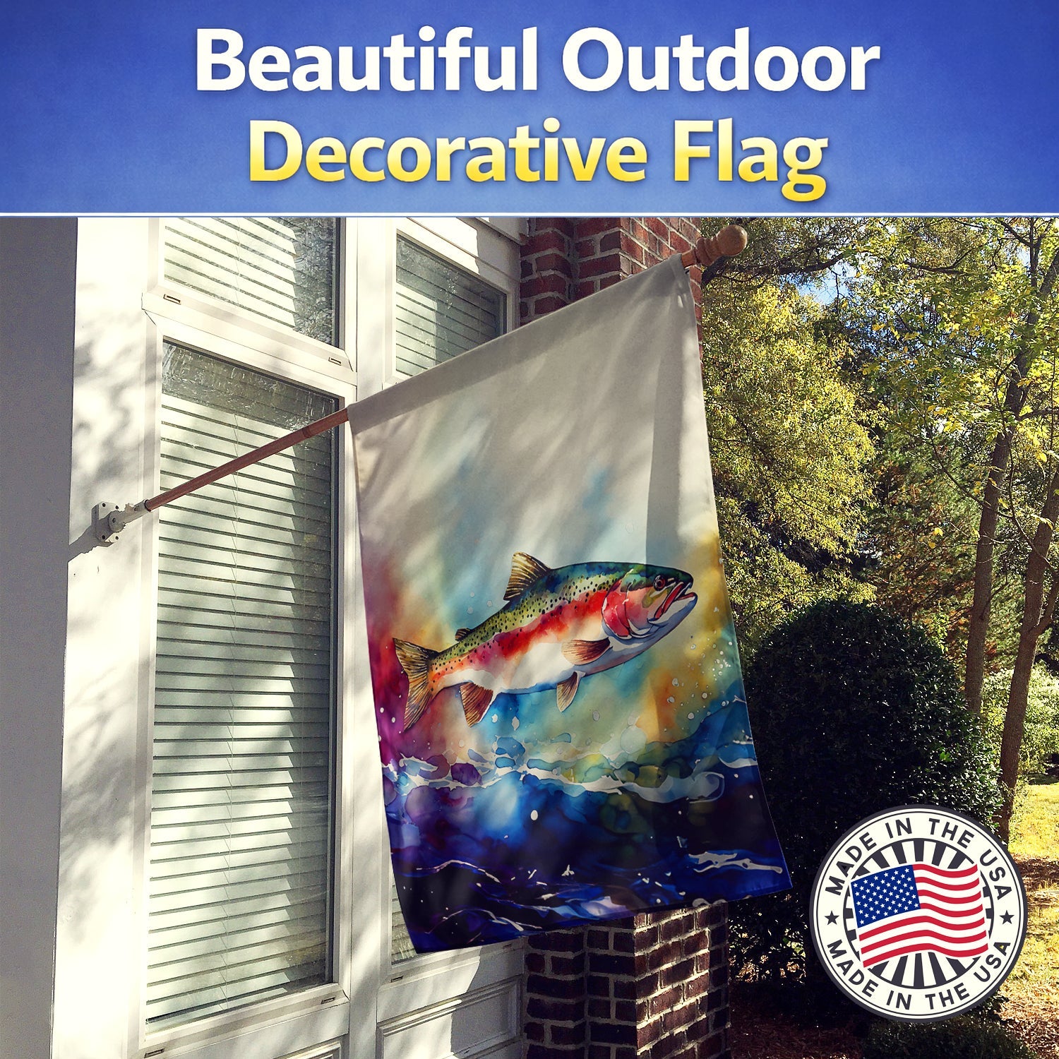 Rainbow Trout House Flag 28x40 Porch Sleeve Pole Decorative Outside Yard Banner Artwork Wall Hanging, Polyester