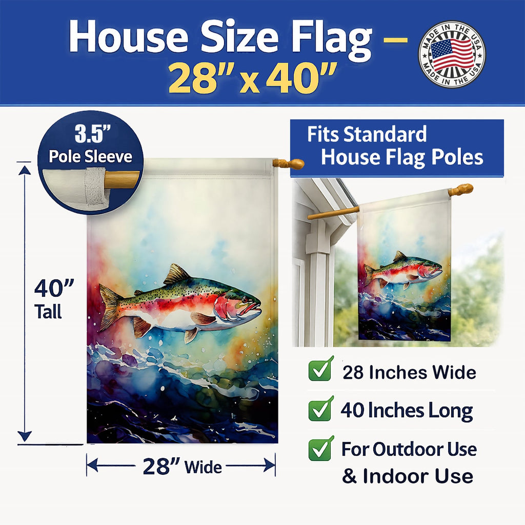 Rainbow Trout House Flag 28x40 Porch Sleeve Pole Decorative Outside Yard Banner Artwork Wall Hanging, Polyester