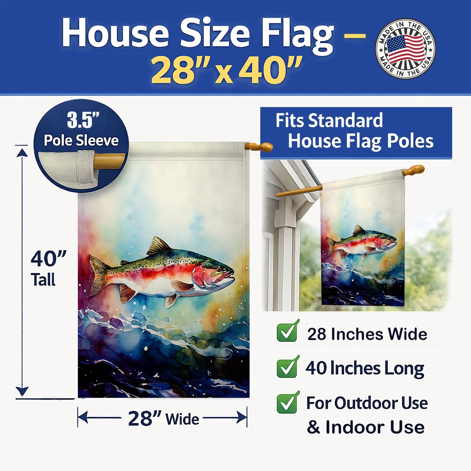 Rainbow Trout House Flag 28x40 Porch Sleeve Pole Decorative Outside Yard Banner Artwork Wall Hanging, Polyester
