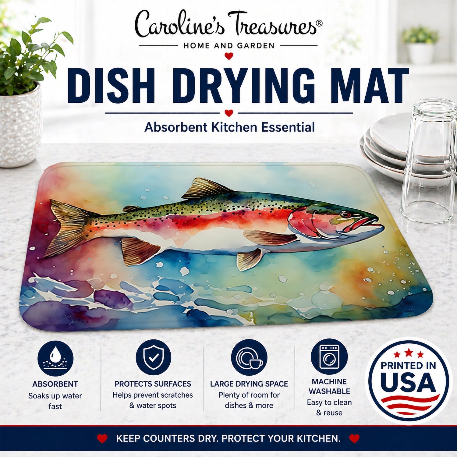 Rainbow Trout Dish Drying Mat Absorbent Dish Drying Mat Pad for Kitchen Counter Dish Drainer Mat for Countertop, 14 x 21", Multicolor
