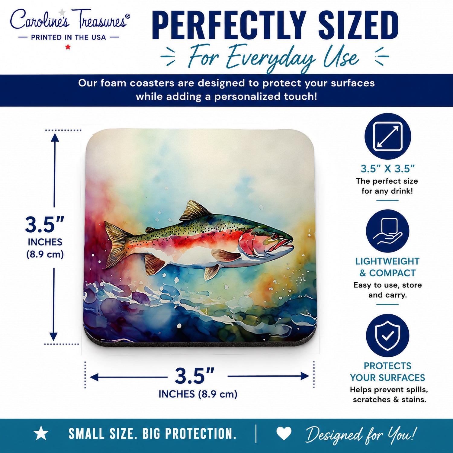 Rainbow Trout Foam Coasters Set of 4 Cup Coasters for Indoor Outdoor, Tabletop Protection, Anti Slip, Mouse pad Material