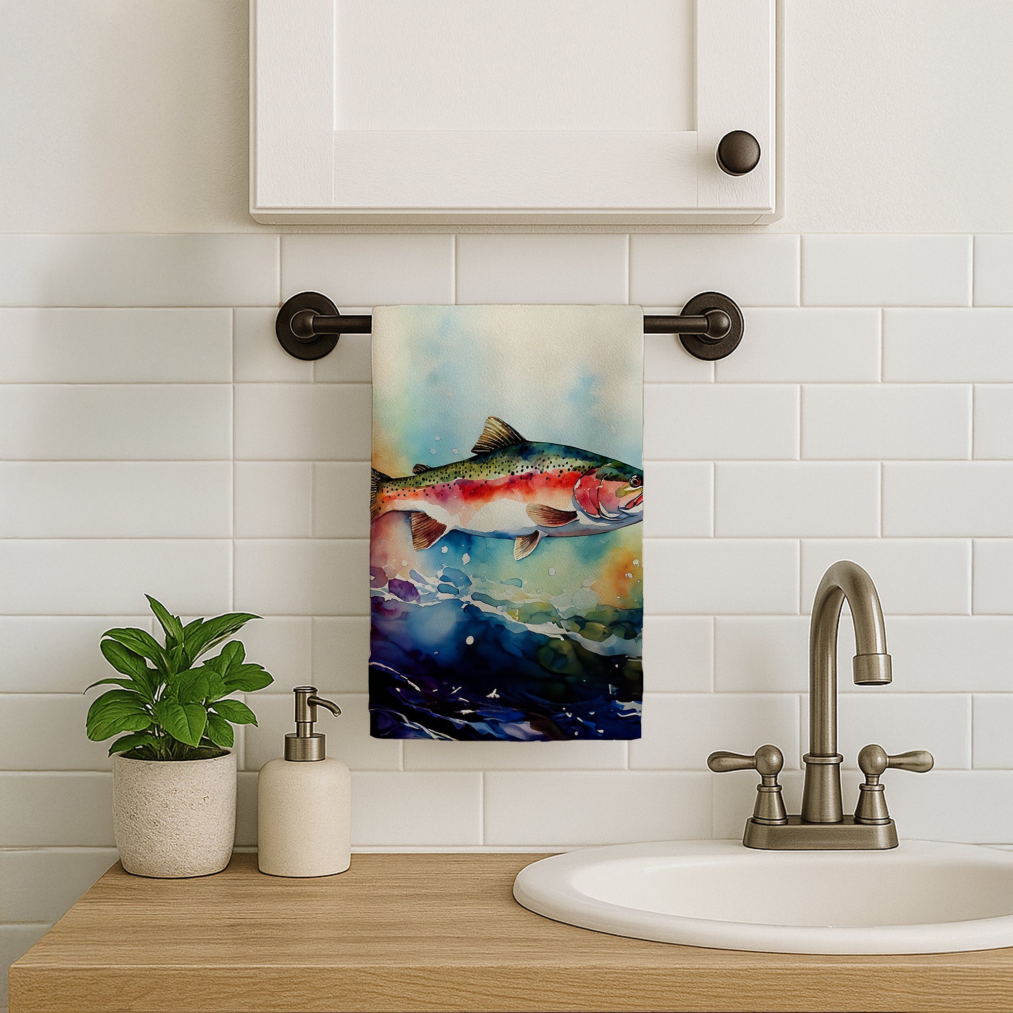 Rainbow Trout Kitchen Towel Velour Plush Front and Cotton Loop Back Machine Washable