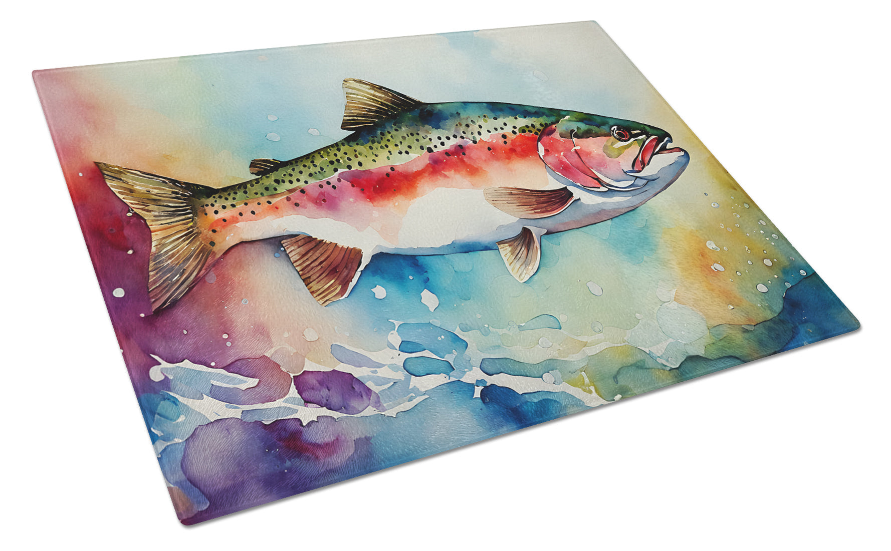 Rainbow Trout Cutting Board Tempered Glass Kitchen Cutting Surface, Heat Resistant Chopping, Non-Slip Feet, Food Prep & Serving