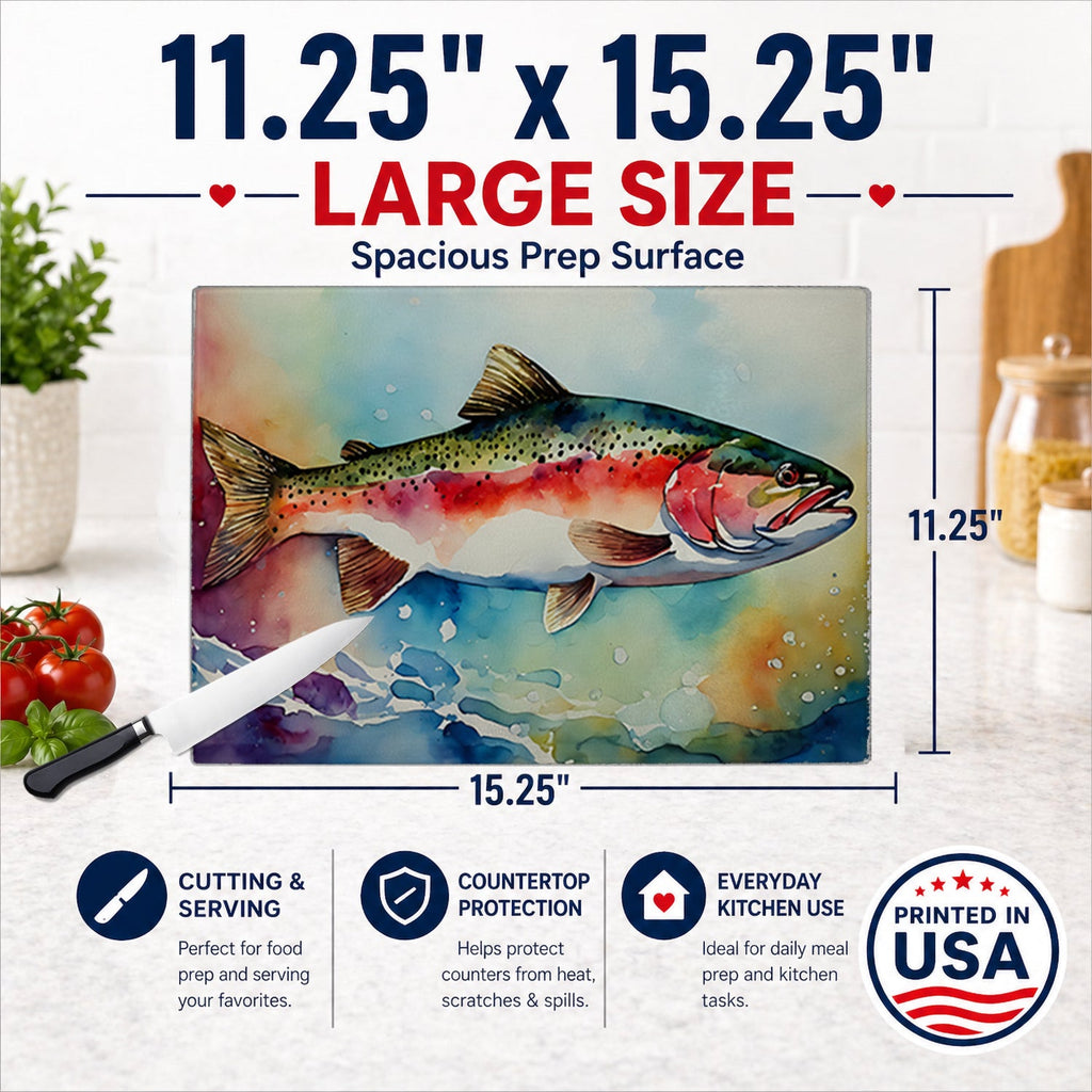 Rainbow Trout Cutting Board Tempered Glass Kitchen Cutting Surface, Heat Resistant Chopping, Non-Slip Feet, Food Prep & Serving
