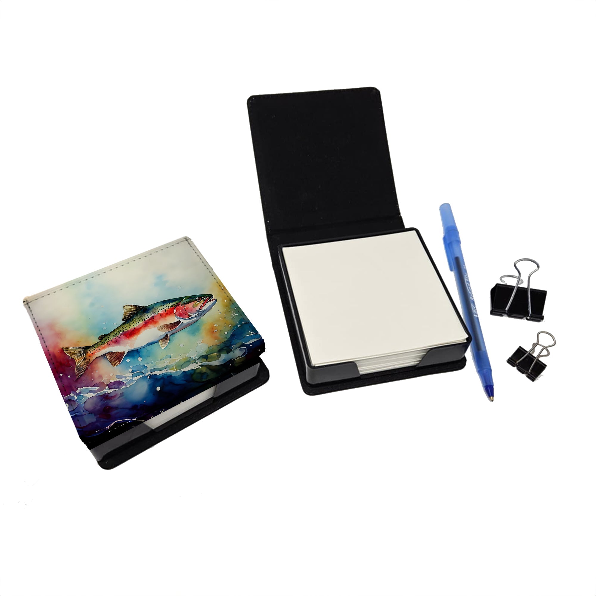 Rainbow Trout PU Leather Note Paper Holder with Artist-Designed Cover, Desk Accessory, Office Gift