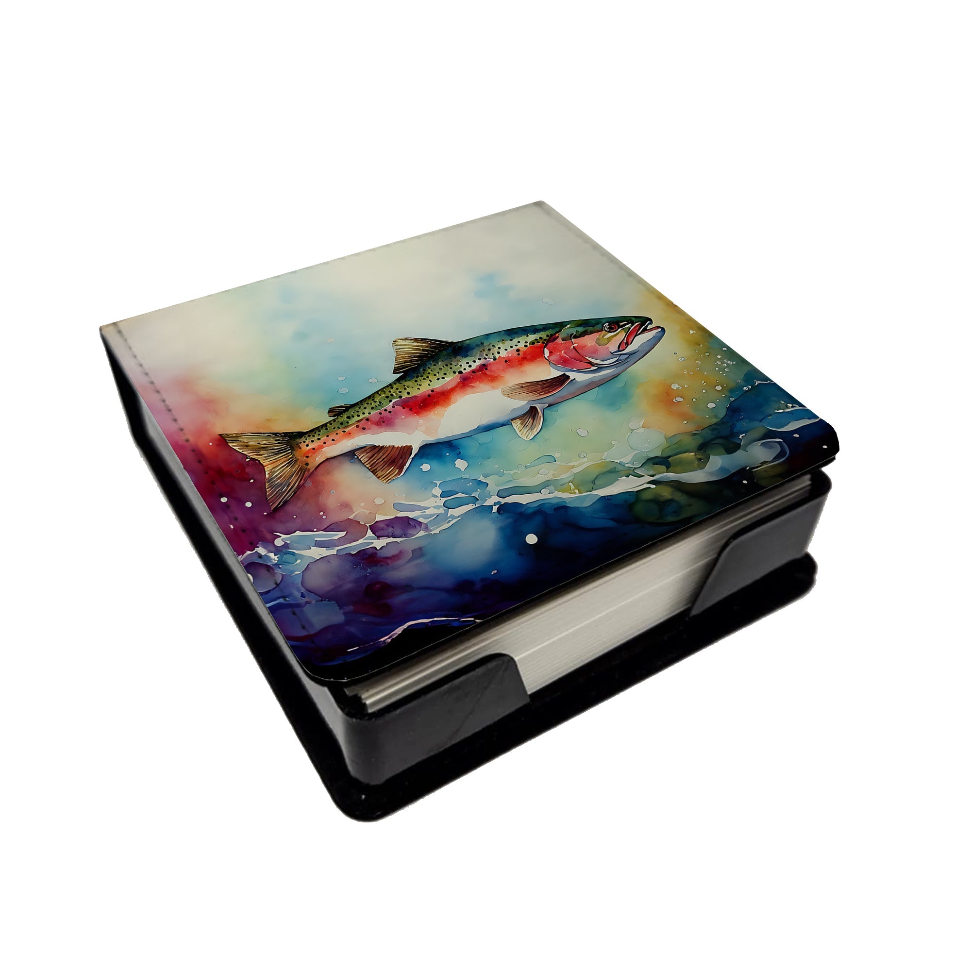 Rainbow Trout PU Leather Note Paper Holder with Artist-Designed Cover, Desk Accessory, Office Gift
