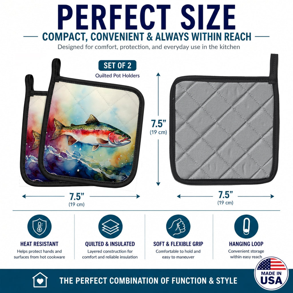 Rainbow Trout Pot Holder Set of 2 Heat Resistant Quilted Hot Pads 7.5 x 7.5 Inch, Insulated Kitchen Trivets for Cooking & Baking