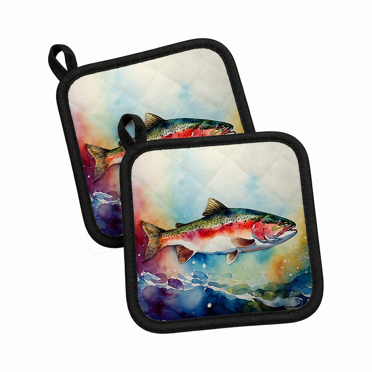Rainbow Trout Pot Holder Set of 2 Heat Resistant Quilted Hot Pads 7.5 x 7.5 Inch, Insulated Kitchen Trivets for Cooking & Baking