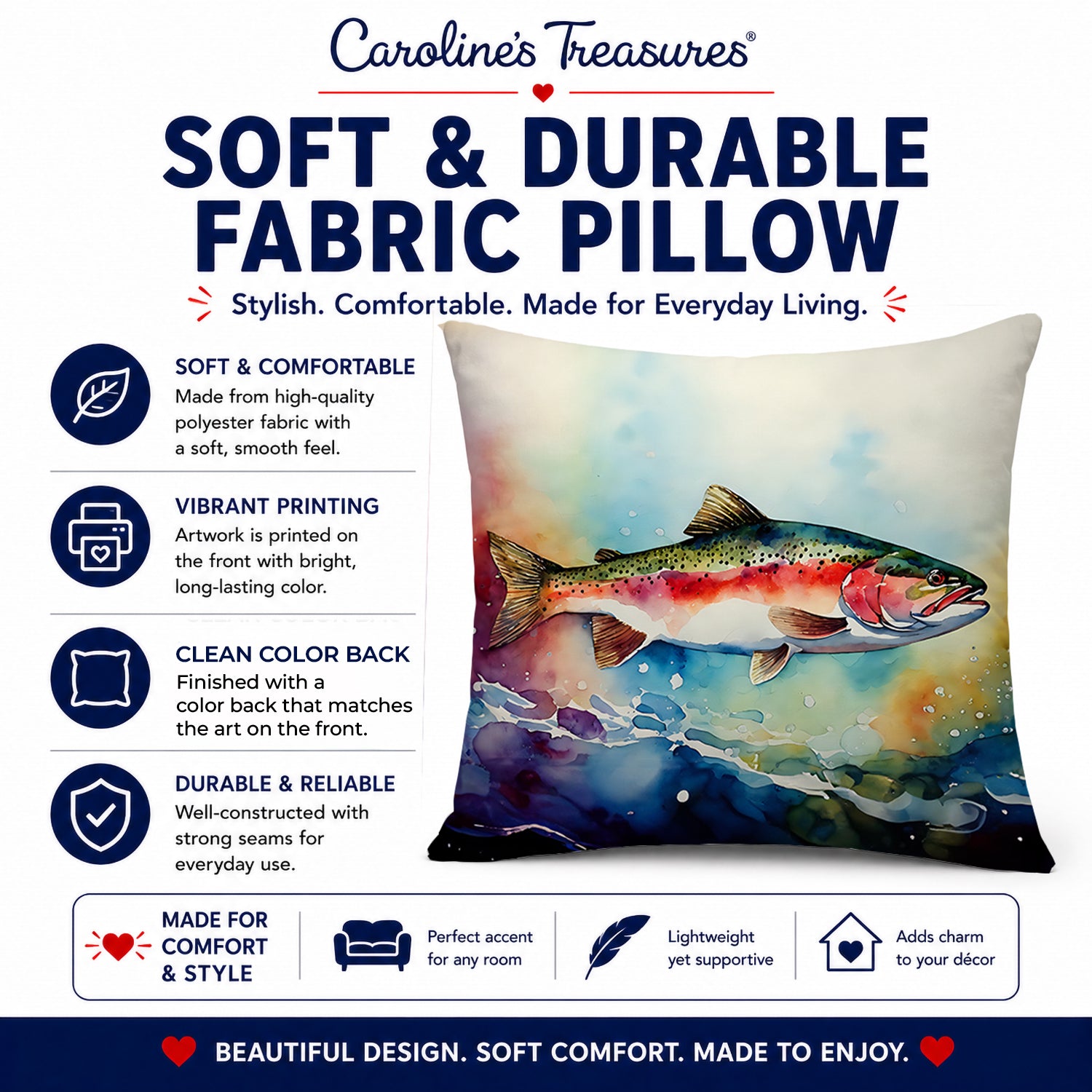 Rainbow Trout Decorative Throw Pillow 14x14 Indoor Outdoor Accent Cushion, Fabric Cover with Insert for Sofa, Bed, Porch & Living Room