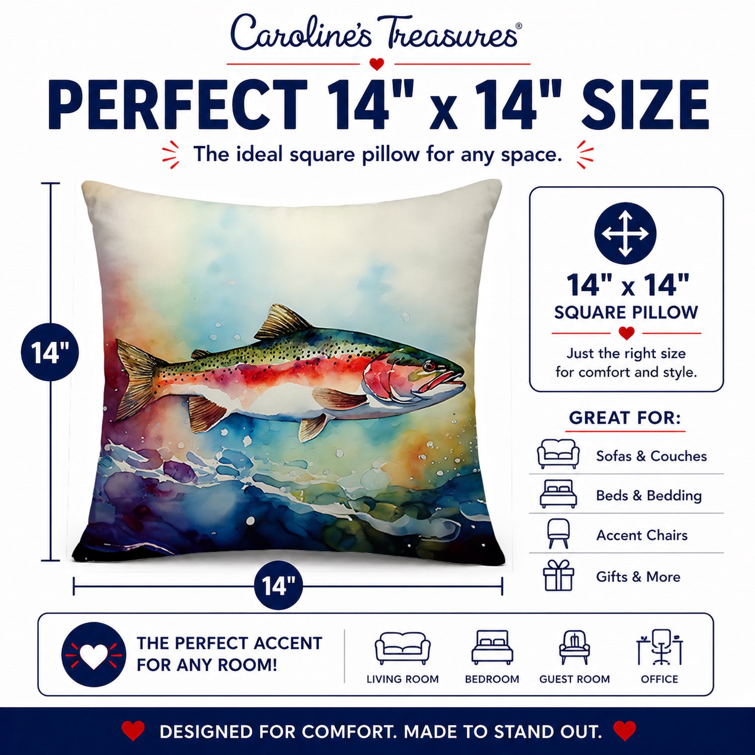 Rainbow Trout Decorative Throw Pillow 14x14 Indoor Outdoor Accent Cushion, Fabric Cover with Insert for Sofa, Bed, Porch & Living Room