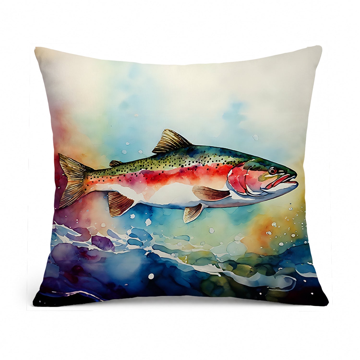Rainbow Trout Decorative Throw Pillow 14x14 Indoor Outdoor Accent Cushion, Fabric Cover with Insert for Sofa, Bed, Porch & Living Room