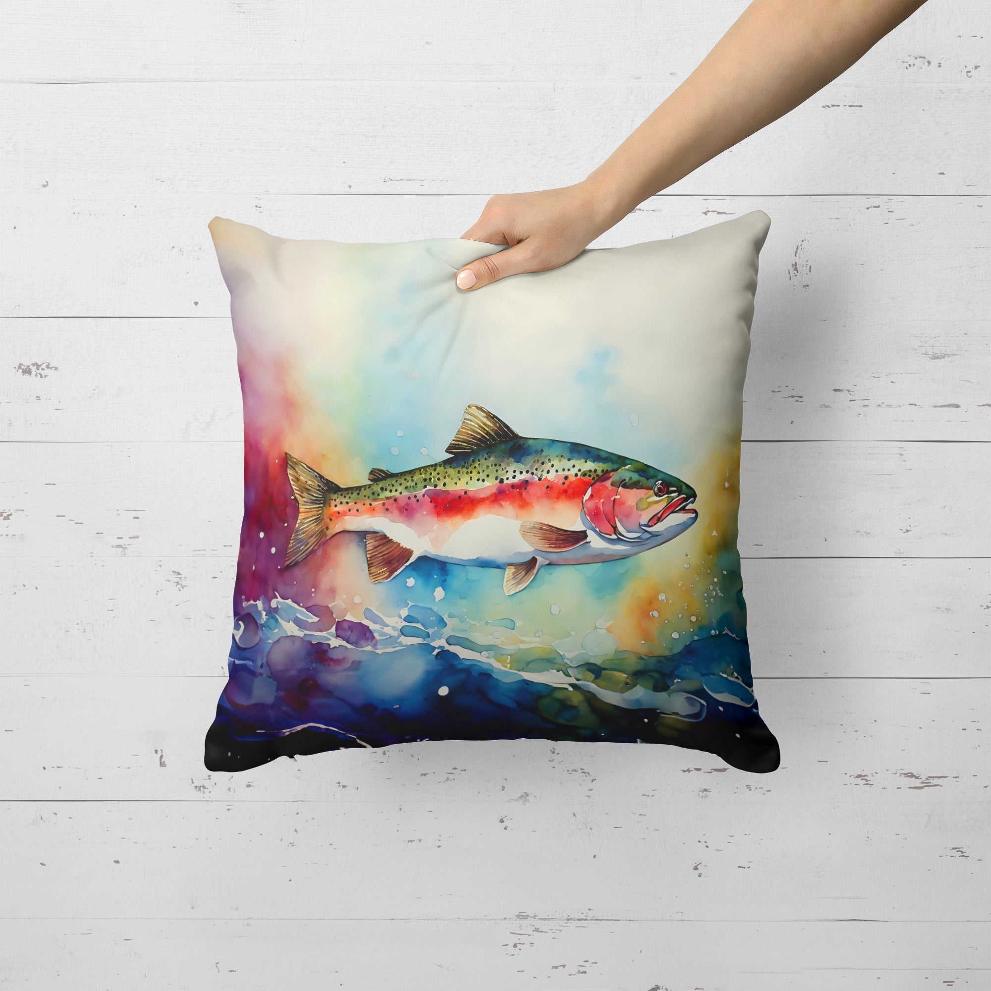 Rainbow Trout Decorative Throw Pillow 18x18 Indoor Outdoor Accent Cushion, Fabric Cover with Insert for Sofa, Bed, Porch & Living Room