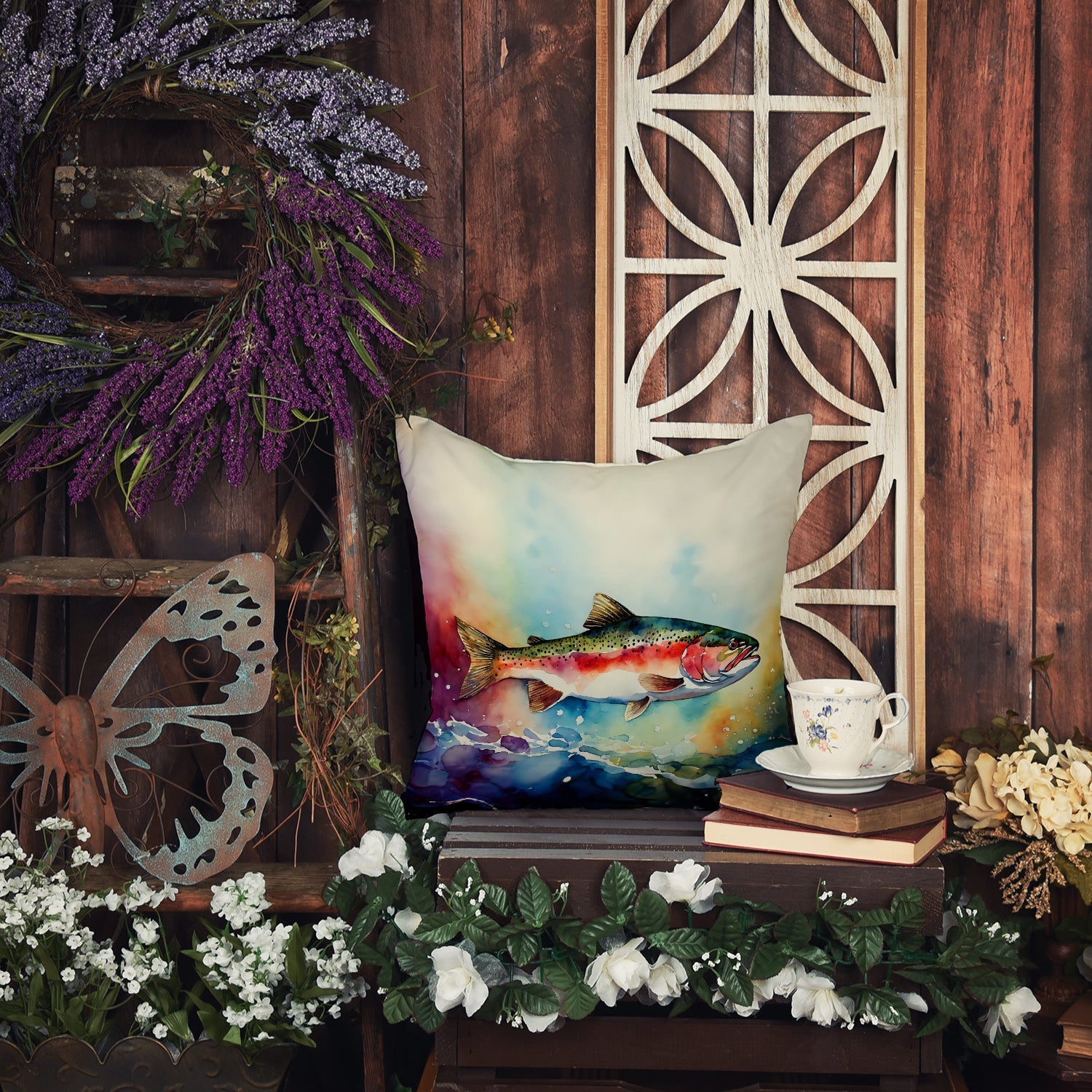 Rainbow Trout Decorative Throw Pillow 18x18 Indoor Outdoor Accent Cushion, Fabric Cover with Insert for Sofa, Bed, Porch & Living Room
