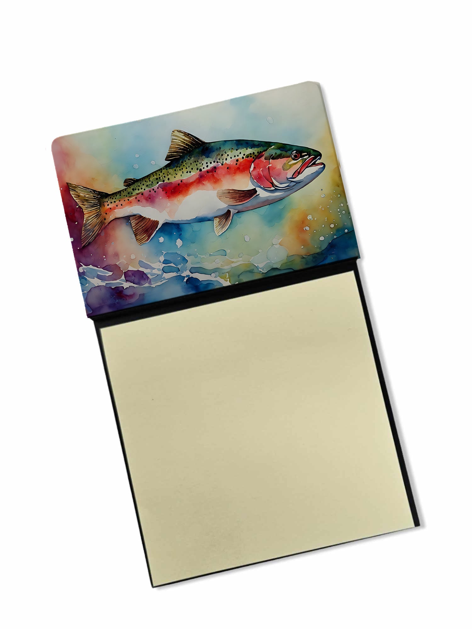Rainbow Trout Watercolor Sticky Note Holder Refillable Dispenser Desk Accessory 3x3 Pad Gift