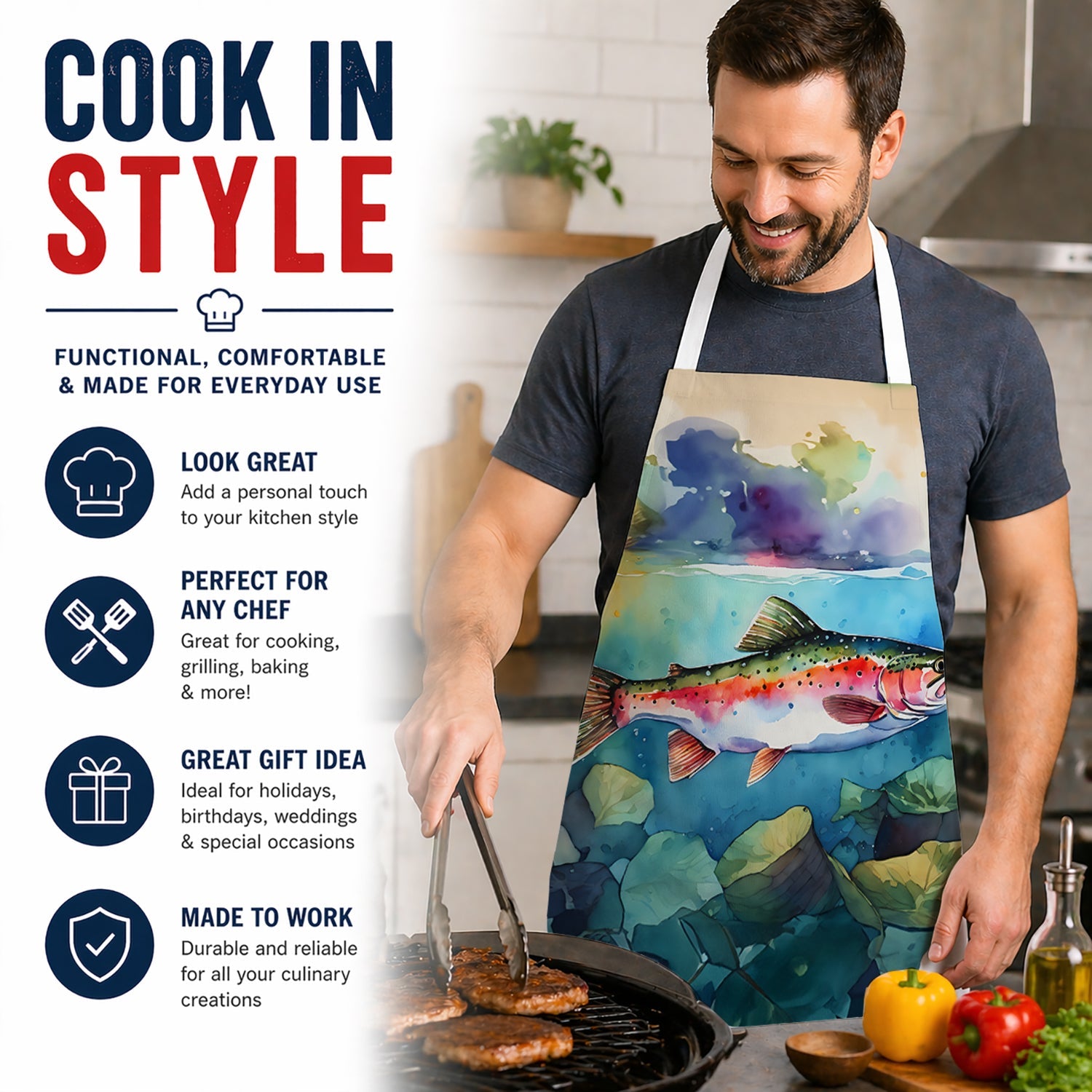 Rainbow Trout Apron Cooking Kitchen Server Baking Crafts Gardening for Adult Women Men, Unisex, Large, Multicolor