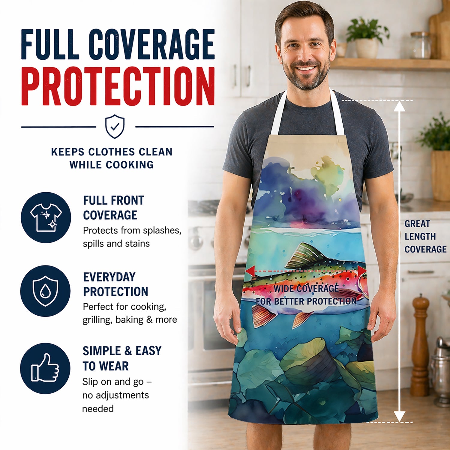 Rainbow Trout Apron Cooking Kitchen Server Baking Crafts Gardening for Adult Women Men, Unisex, Large, Multicolor