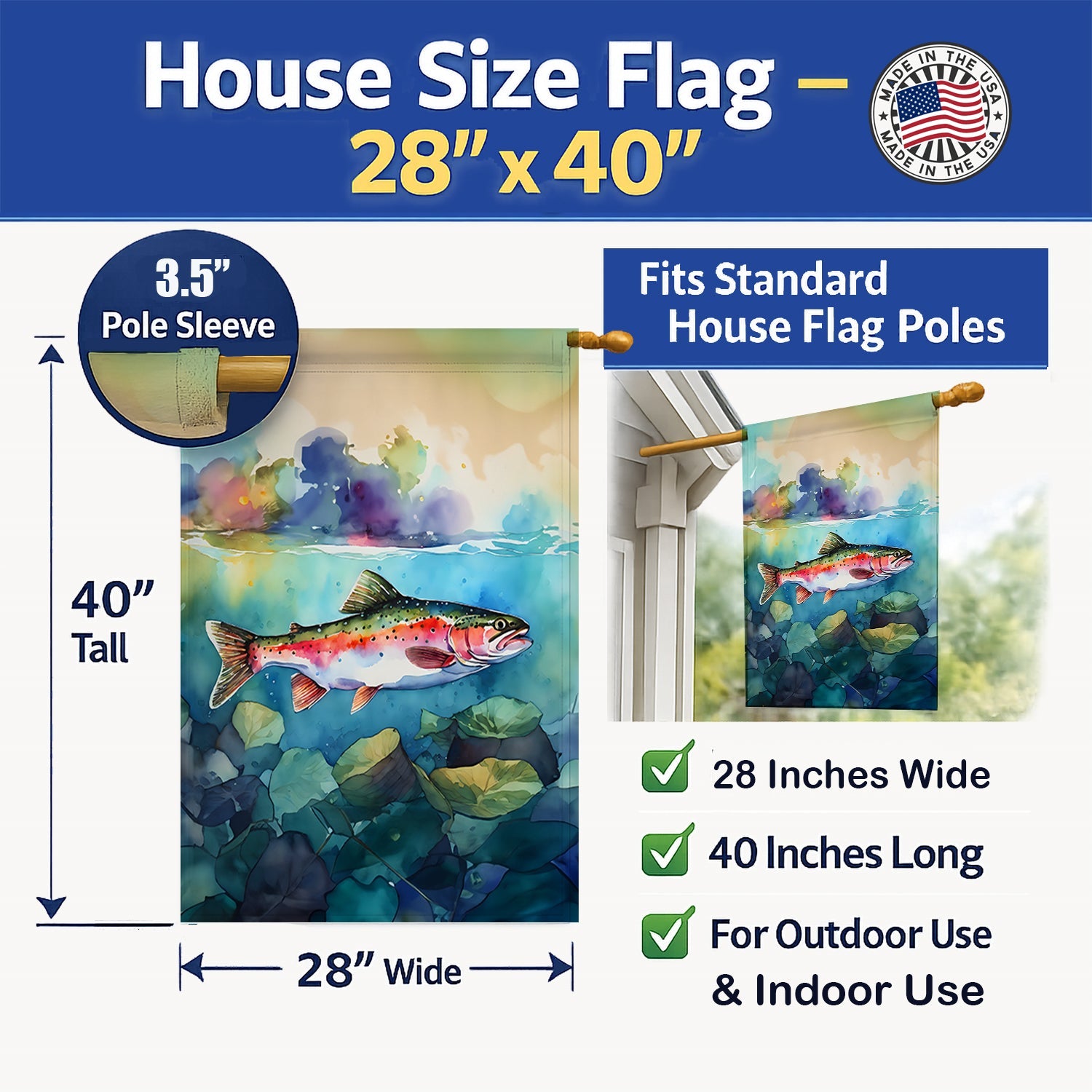 Rainbow Trout House Flag 28x40 Porch Sleeve Pole Decorative Outside Yard Banner Artwork Wall Hanging, Polyester