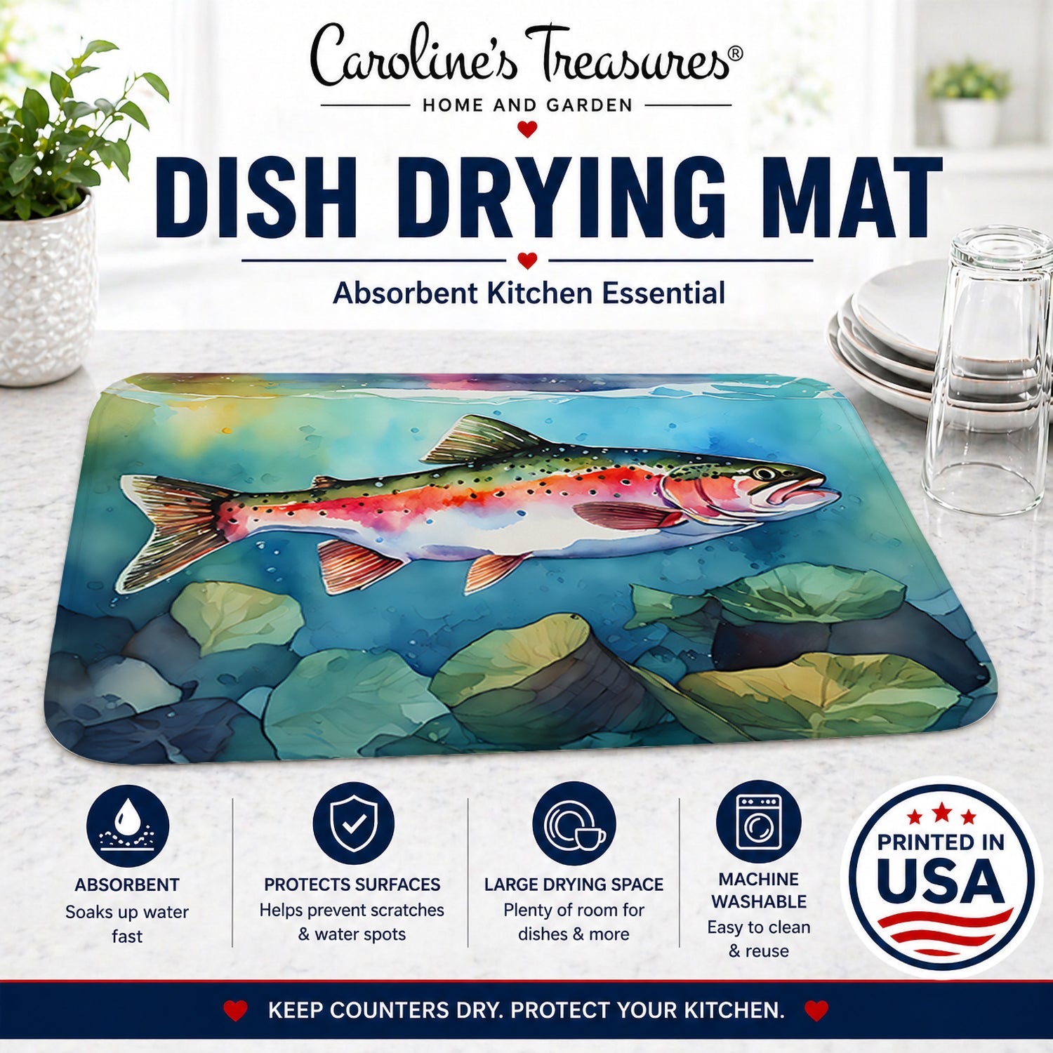 Rainbow Trout Dish Drying Mat Absorbent Dish Drying Mat Pad for Kitchen Counter Dish Drainer Mat for Countertop, 14 x 21", Multicolor
