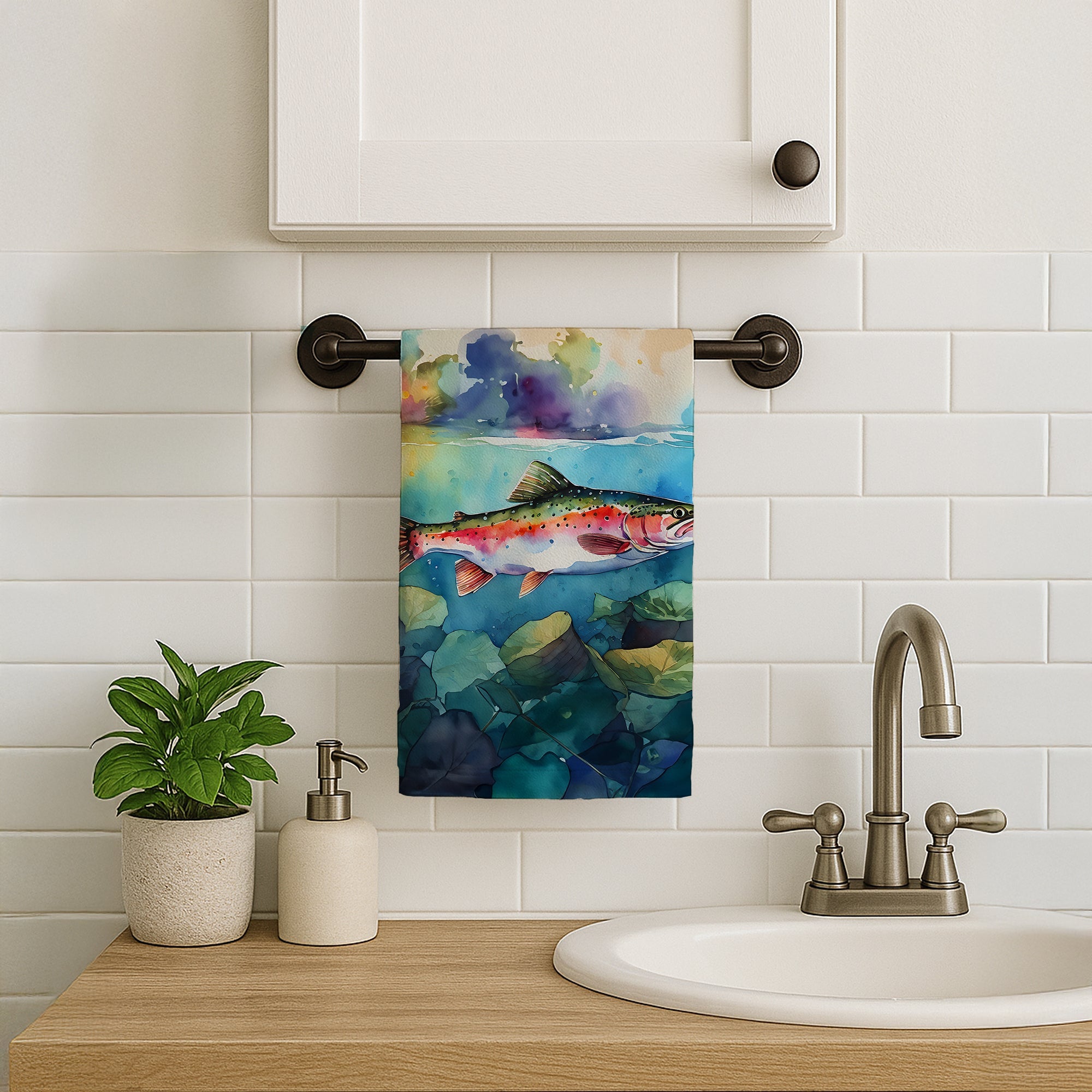 Rainbow Trout Kitchen Towel Velour Plush Front and Cotton Loop Back Machine Washable