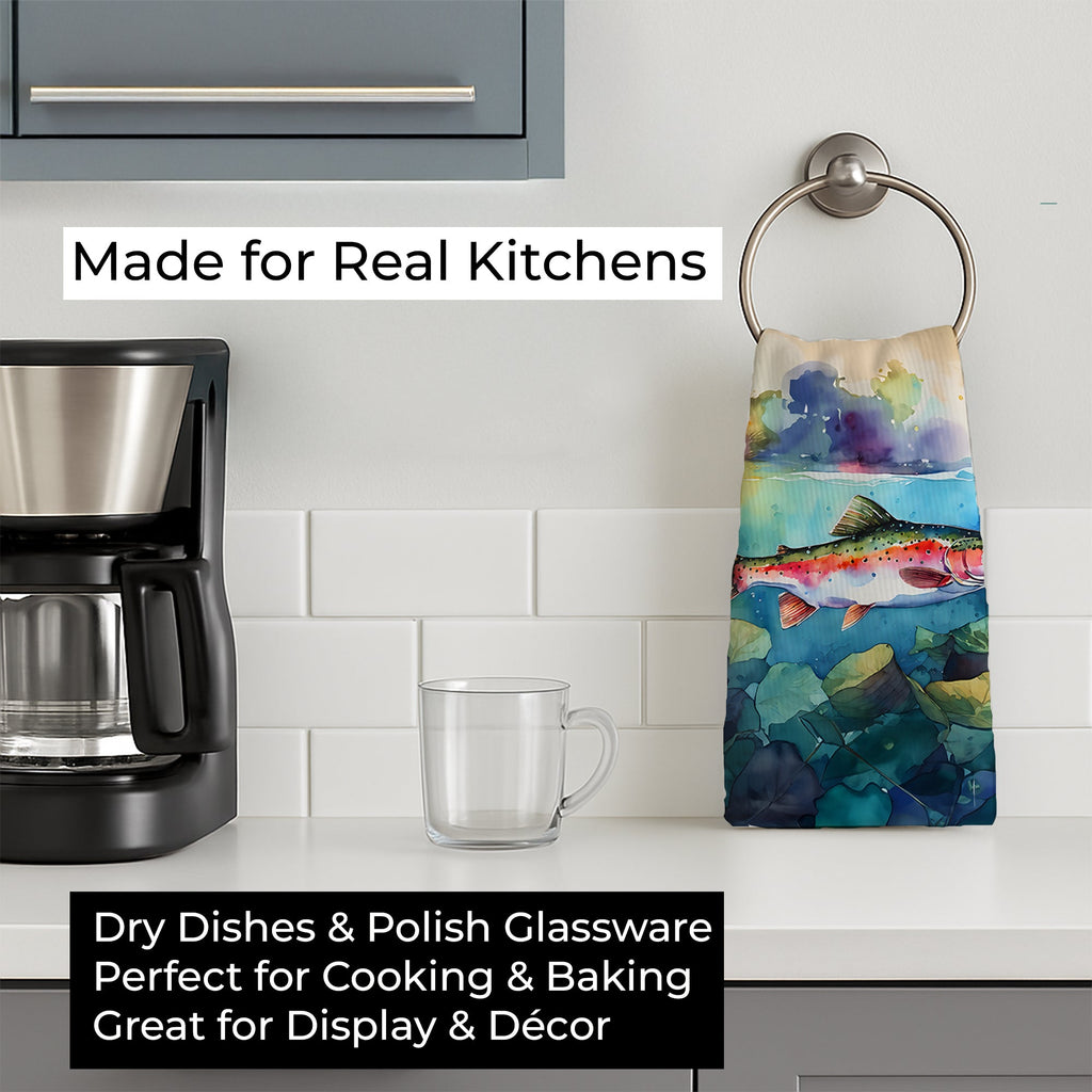 Rainbow Trout Kitchen Towel Velour Plush Front and Cotton Loop Back Machine Washable