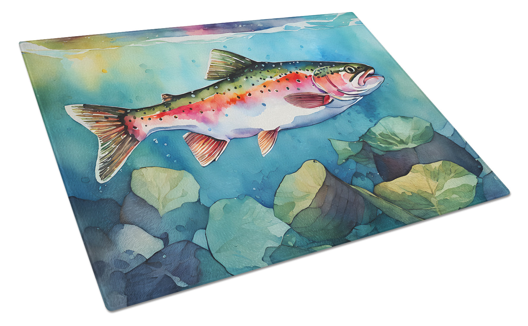 Rainbow Trout Cutting Board Tempered Glass Kitchen Cutting Surface, Heat Resistant Chopping, Non-Slip Feet, Food Prep & Serving