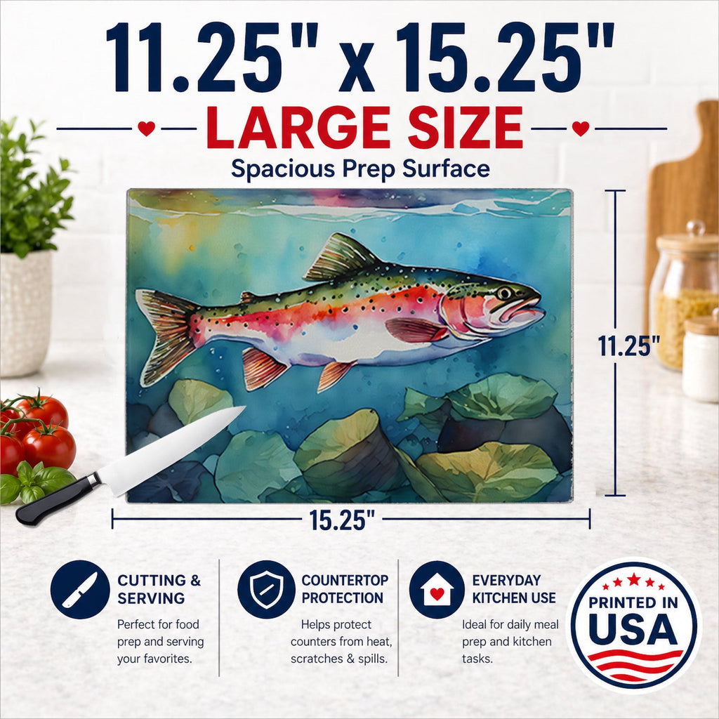 Rainbow Trout Cutting Board Tempered Glass Kitchen Cutting Surface, Heat Resistant Chopping, Non-Slip Feet, Food Prep & Serving