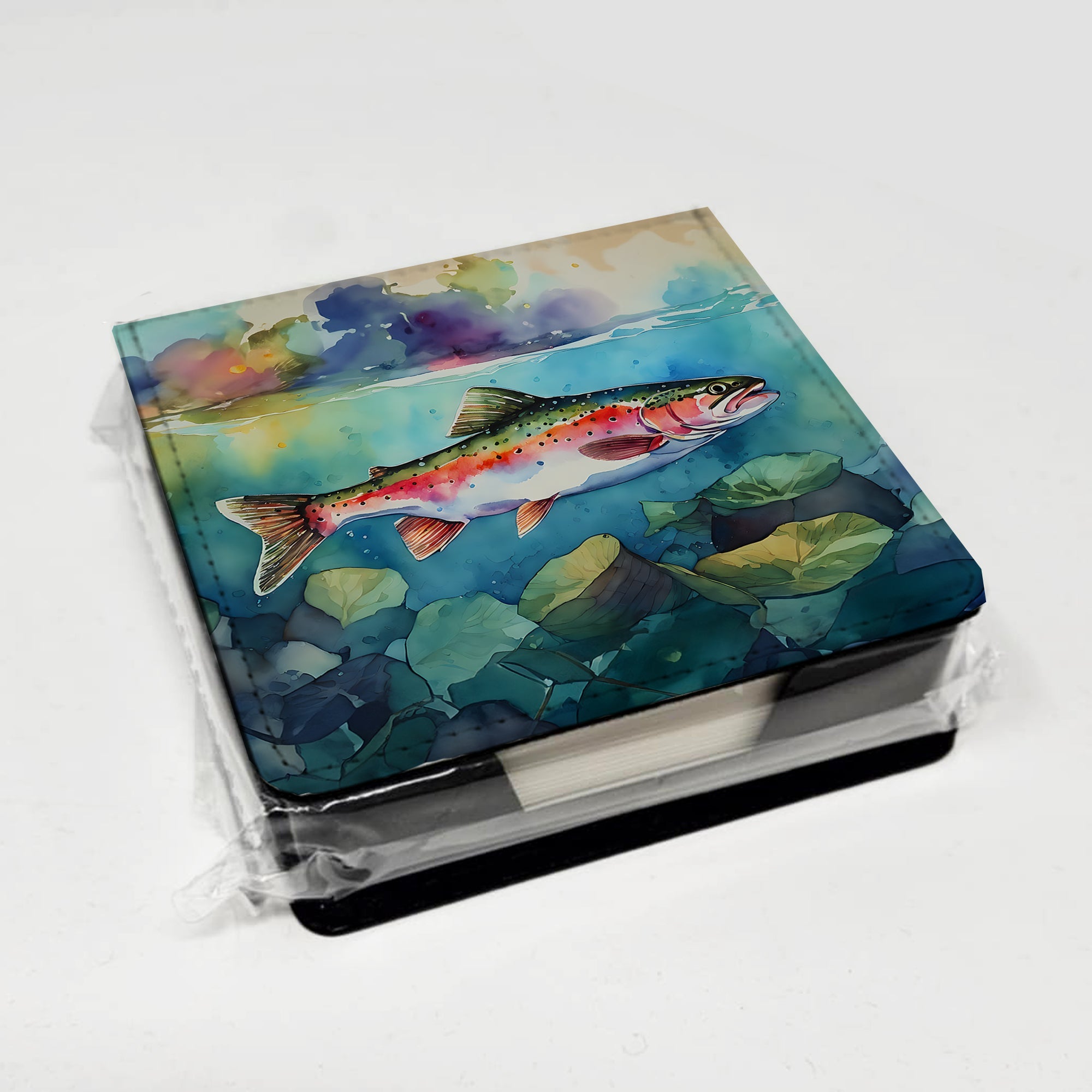 Rainbow Trout PU Leather Note Paper Holder with Artist-Designed Cover, Desk Accessory, Office Gift
