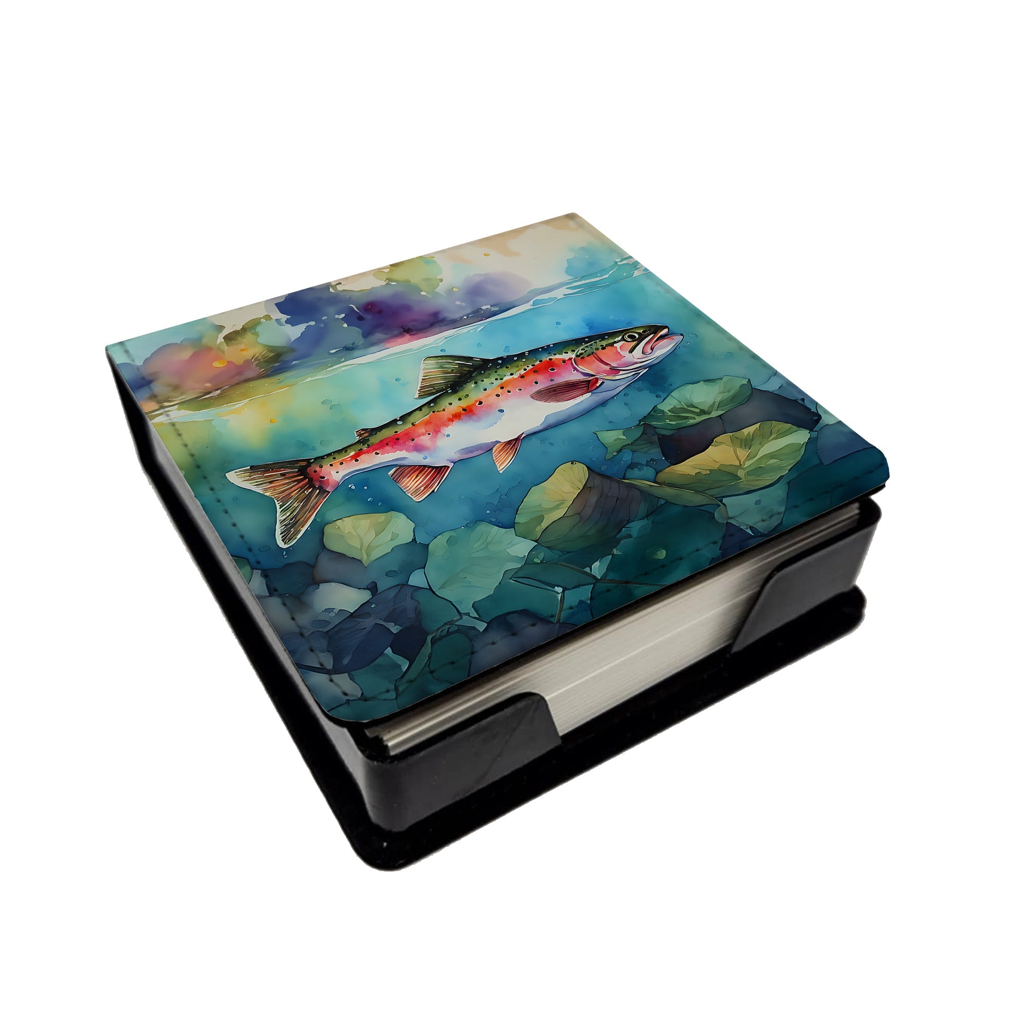 Rainbow Trout PU Leather Note Paper Holder with Artist-Designed Cover, Desk Accessory, Office Gift