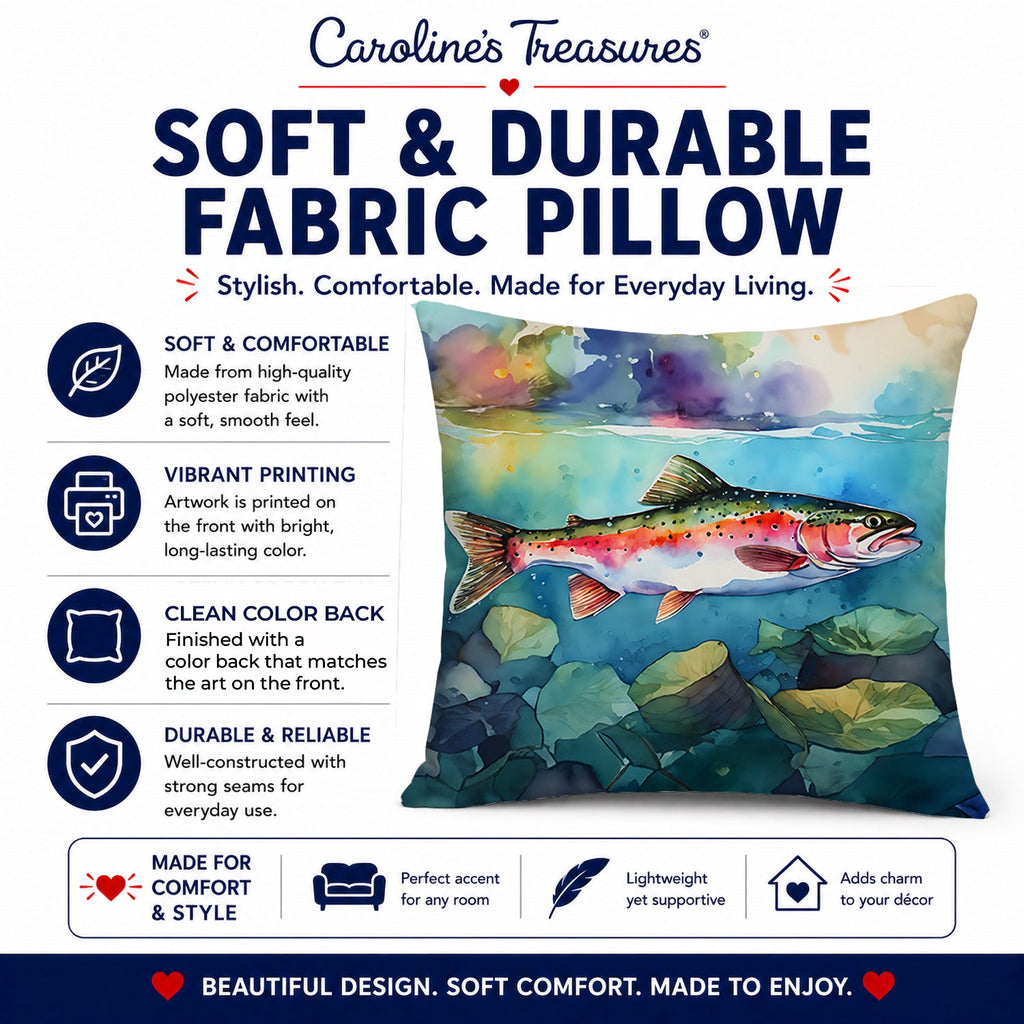 Rainbow Trout Decorative Throw Pillow 14x14 Indoor Outdoor Accent Cushion, Fabric Cover with Insert for Sofa, Bed, Porch & Living Room