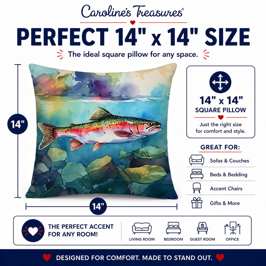Rainbow Trout Decorative Throw Pillow 14x14 Indoor Outdoor Accent Cushion, Fabric Cover with Insert for Sofa, Bed, Porch & Living Room