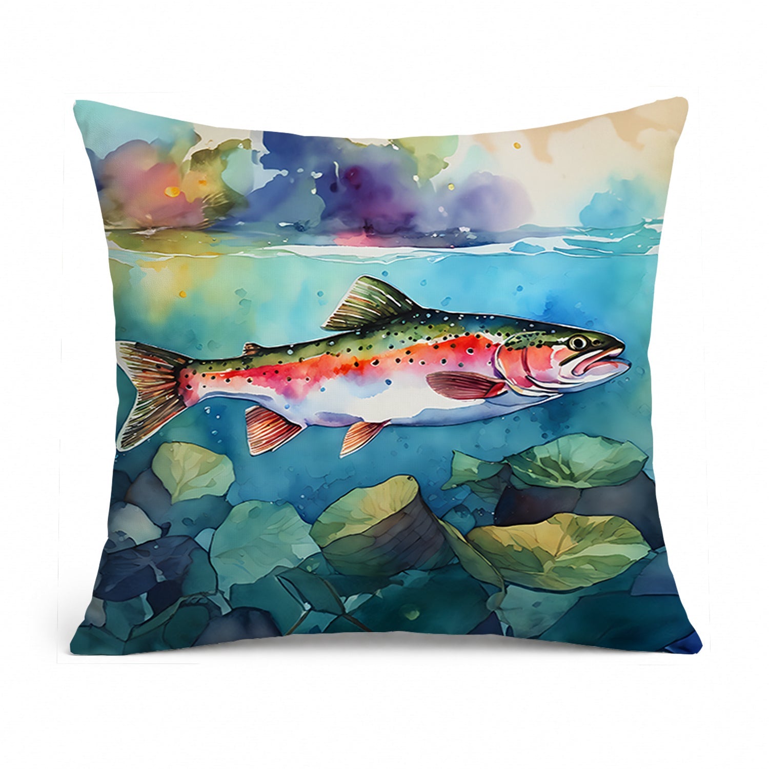 Rainbow Trout Decorative Throw Pillow 14x14 Indoor Outdoor Accent Cushion, Fabric Cover with Insert for Sofa, Bed, Porch & Living Room