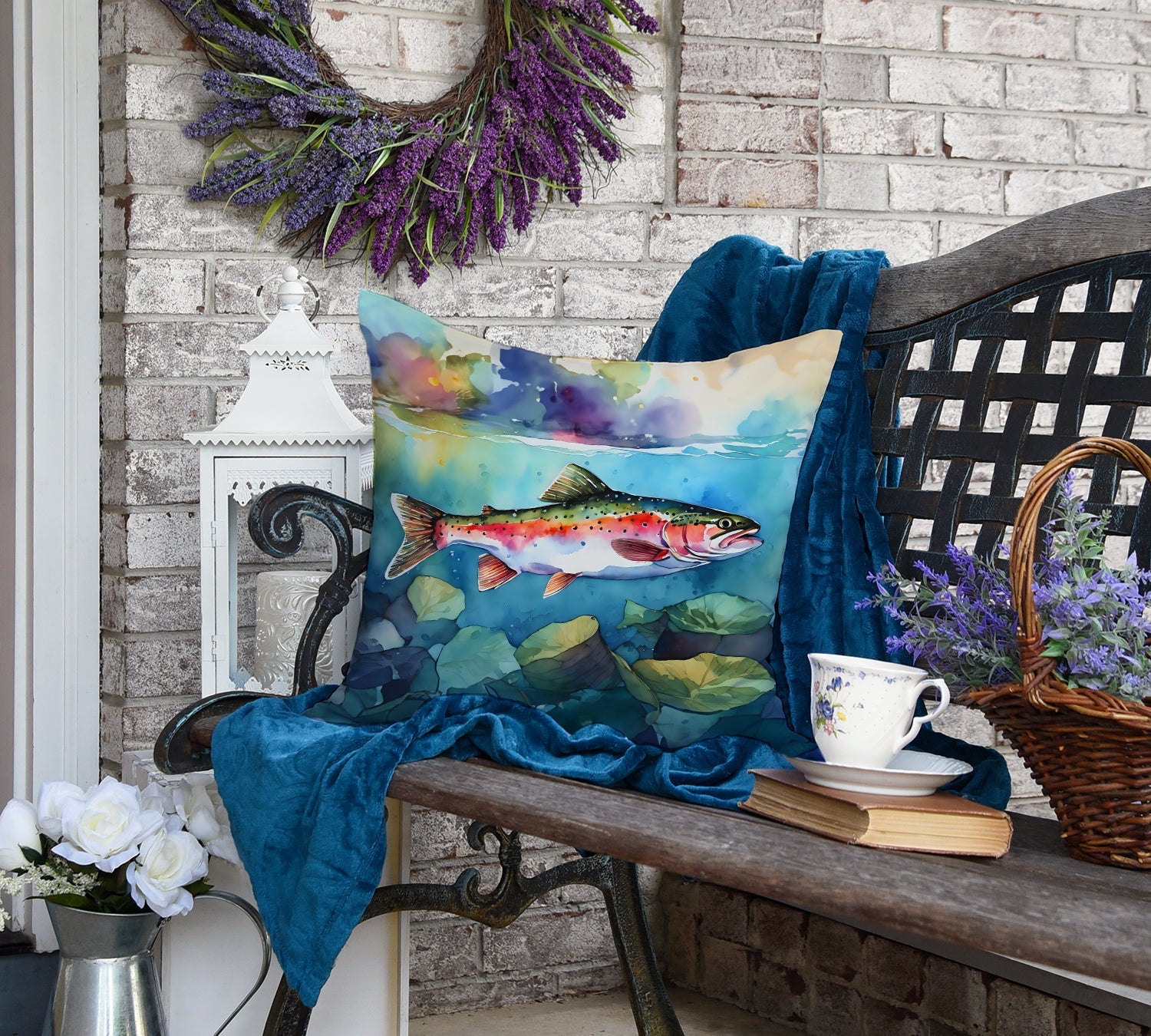 Rainbow Trout Decorative Throw Pillow 18x18 Indoor Outdoor Accent Cushion, Fabric Cover with Insert for Sofa, Bed, Porch & Living Room