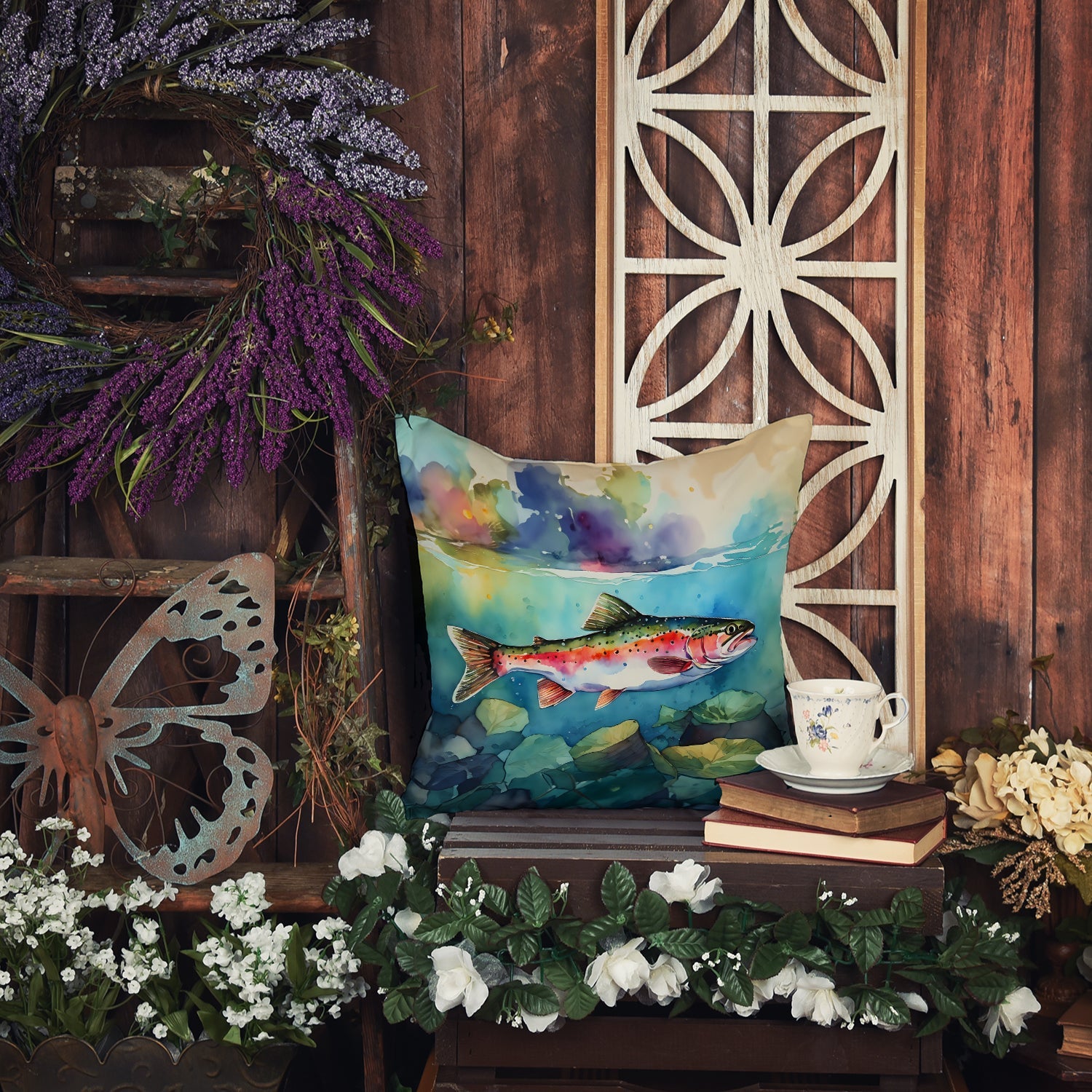 Rainbow Trout Decorative Throw Pillow 18x18 Indoor Outdoor Accent Cushion, Fabric Cover with Insert for Sofa, Bed, Porch & Living Room