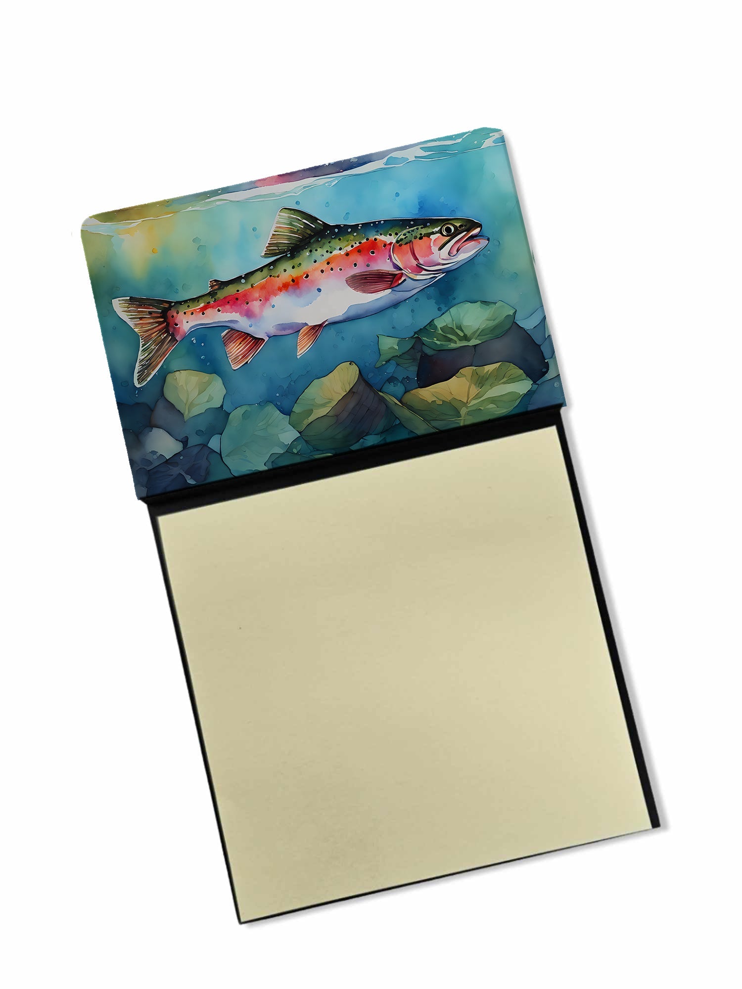Rainbow Trout Watercolor Sticky Note Holder Refillable Dispenser Desk Accessory 3x3 Pad Gift