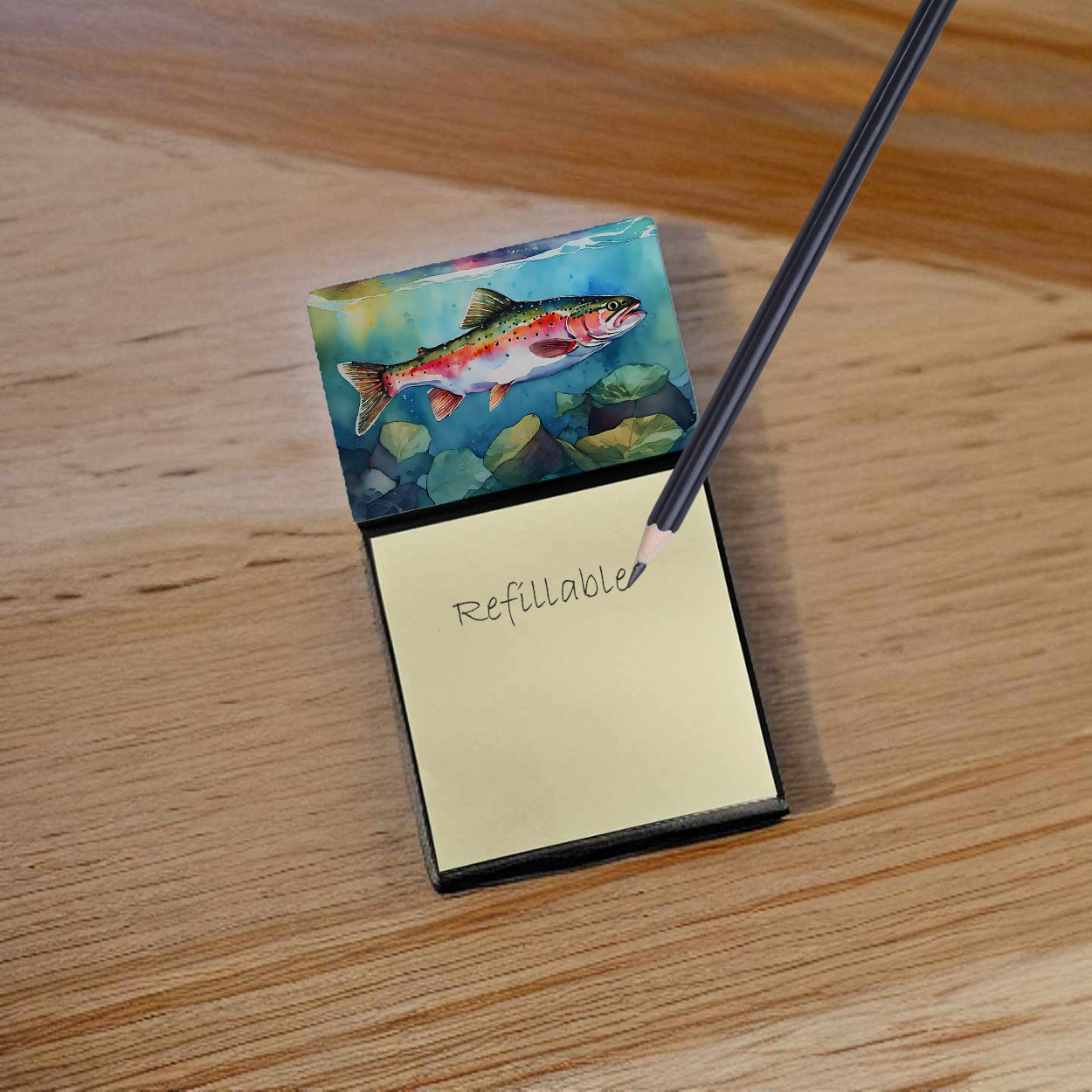 Rainbow Trout Watercolor Sticky Note Holder Refillable Dispenser Desk Accessory 3x3 Pad Gift