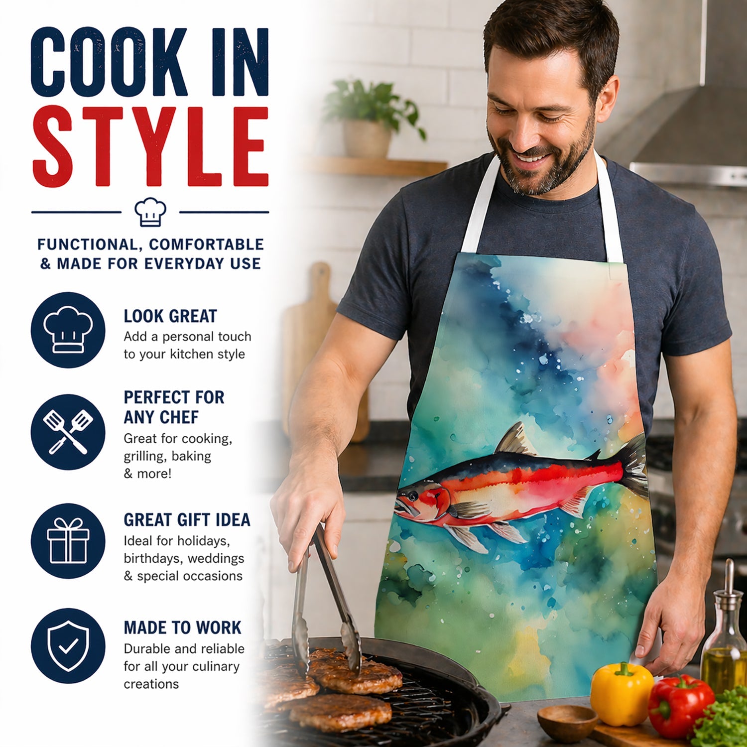 Salmon Apron Cooking Kitchen Server Baking Crafts Gardening for Adult Women Men, Unisex, Large, Multicolor