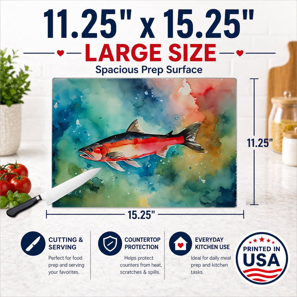 Salmon Cutting Board Tempered Glass Kitchen Cutting Surface, Heat Resistant Chopping, Non-Slip Feet, Food Prep & Serving